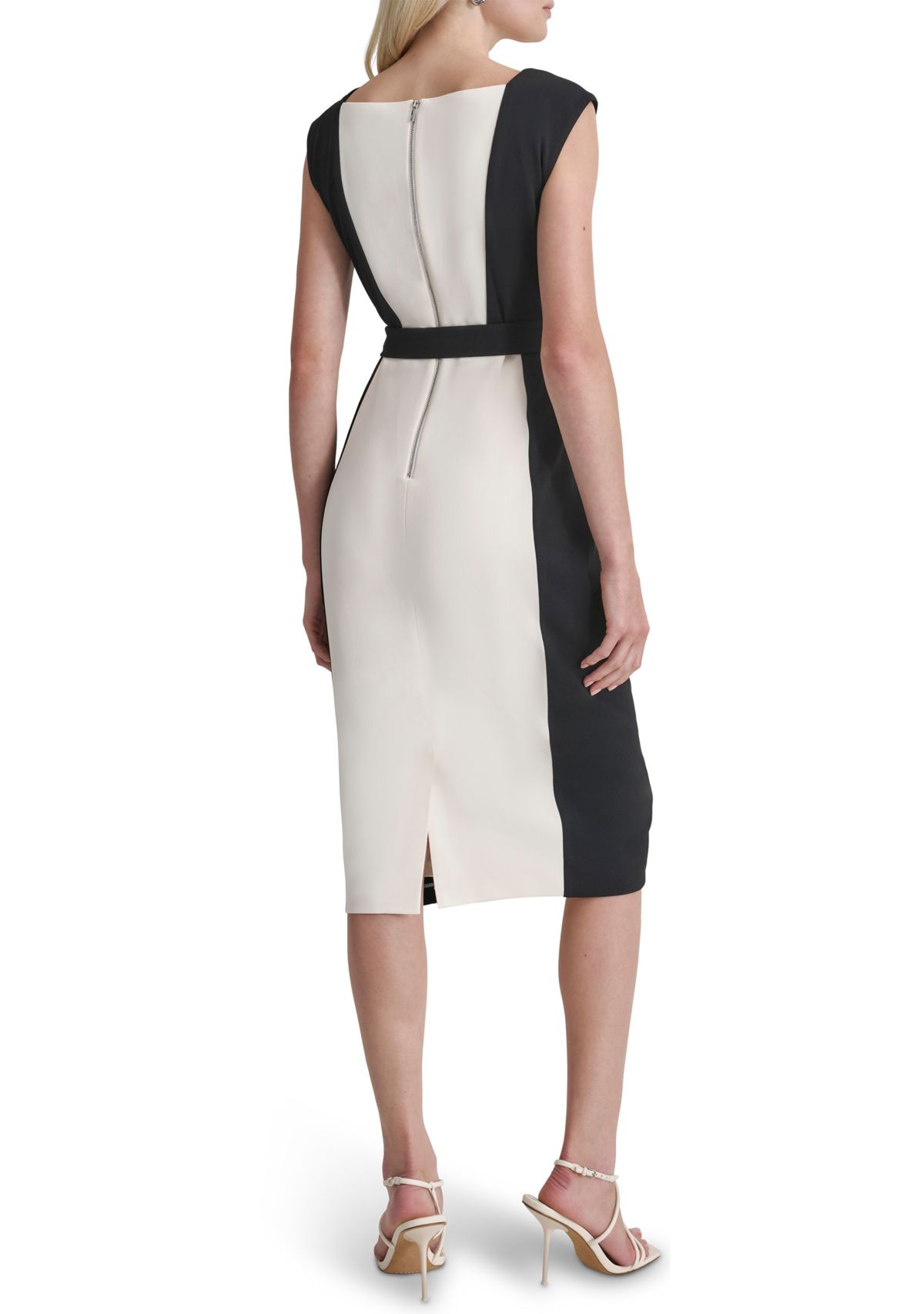 Womens Short Sleeve Square Neck Two Tone Belted Sheath Dress