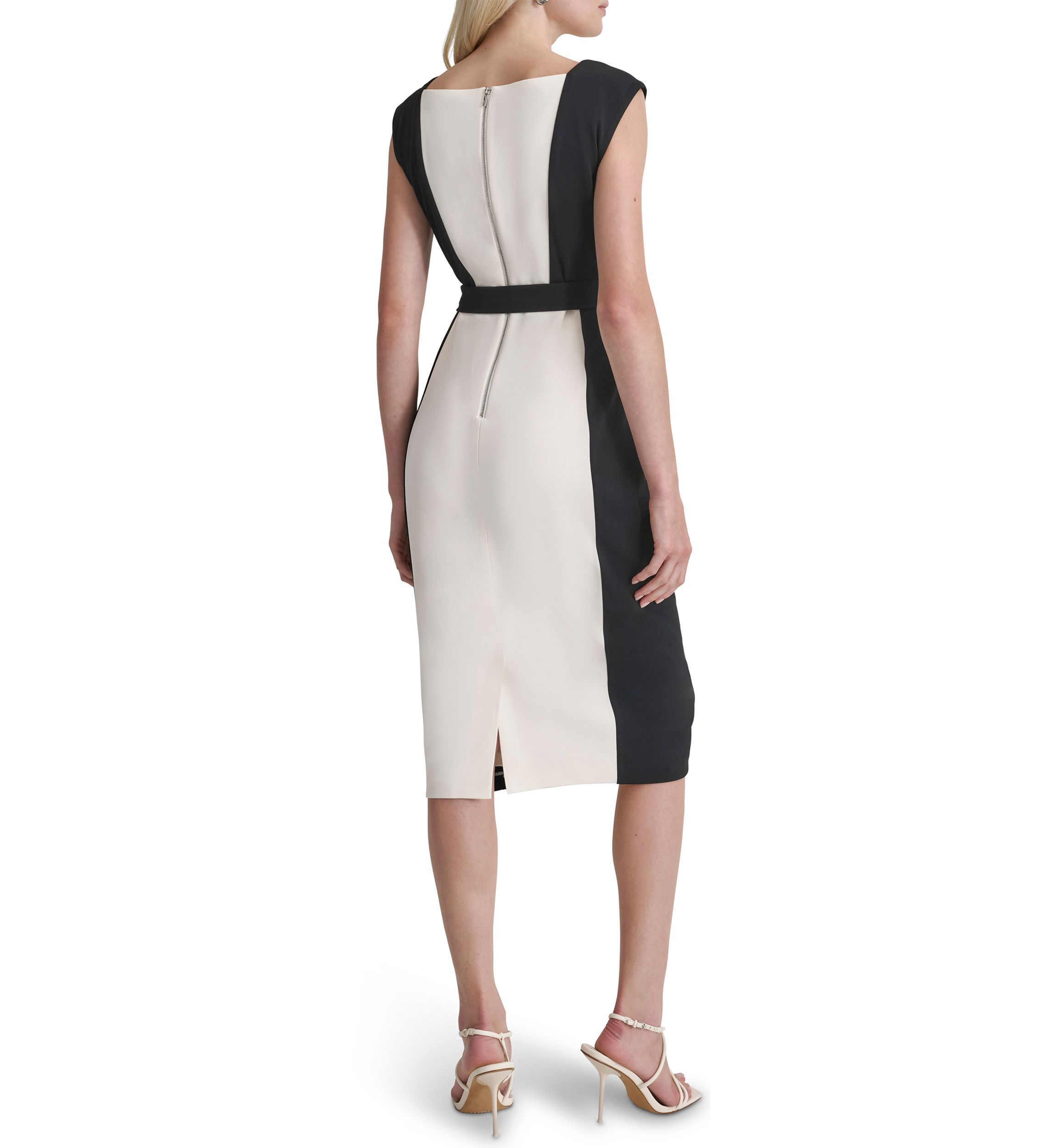 Womens Short Sleeve Square Neck Two Tone Belted Sheath Dress