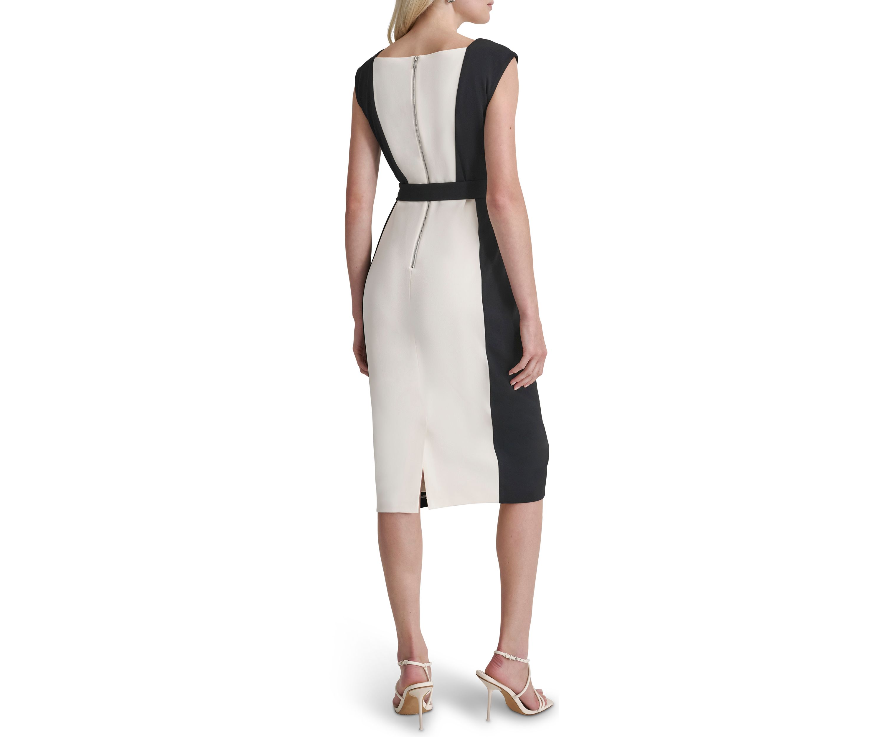 Womens Short Sleeve Square Neck Two Tone Belted Sheath Dress