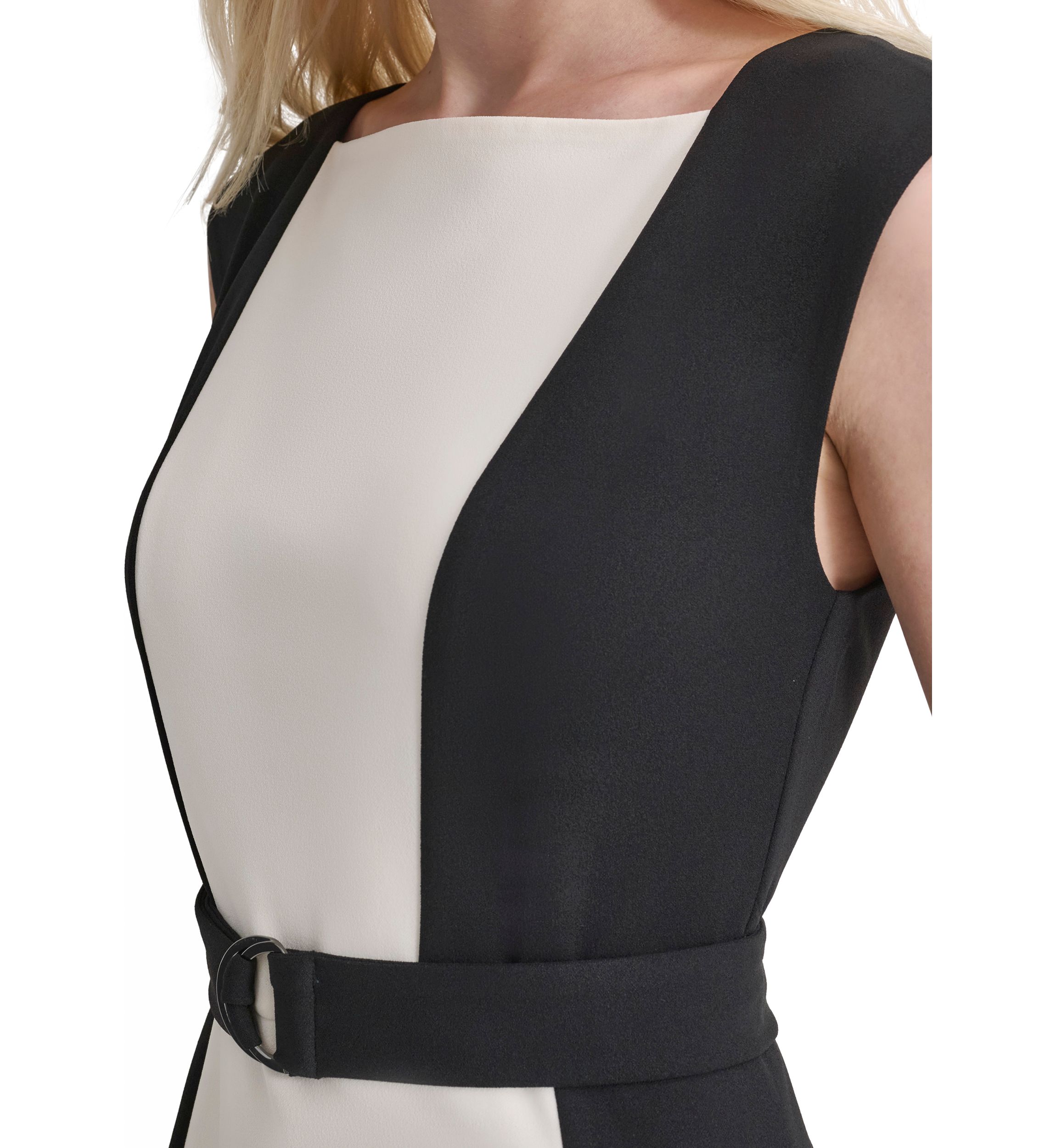 Womens Short Sleeve Square Neck Two Tone Belted Sheath Dress
