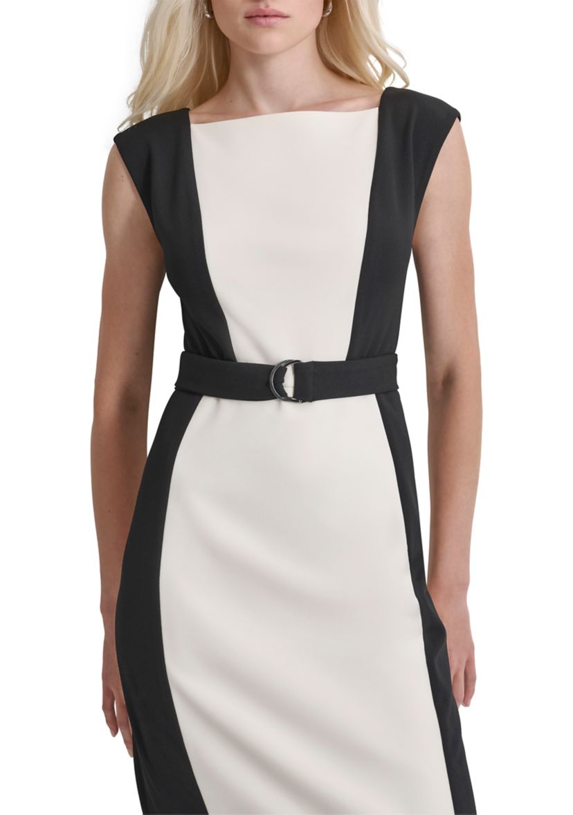 Womens Short Sleeve Square Neck Two Tone Belted Sheath Dress
