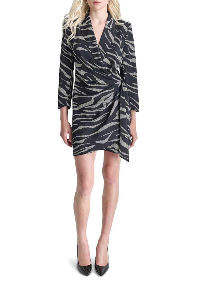 Womens Long Sleeve Collar Animal Print Side Wrap A-Line Dress