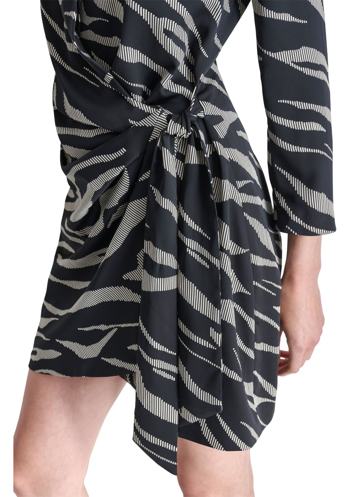 Womens Long Sleeve Collar Animal Print Side Wrap A-Line Dress