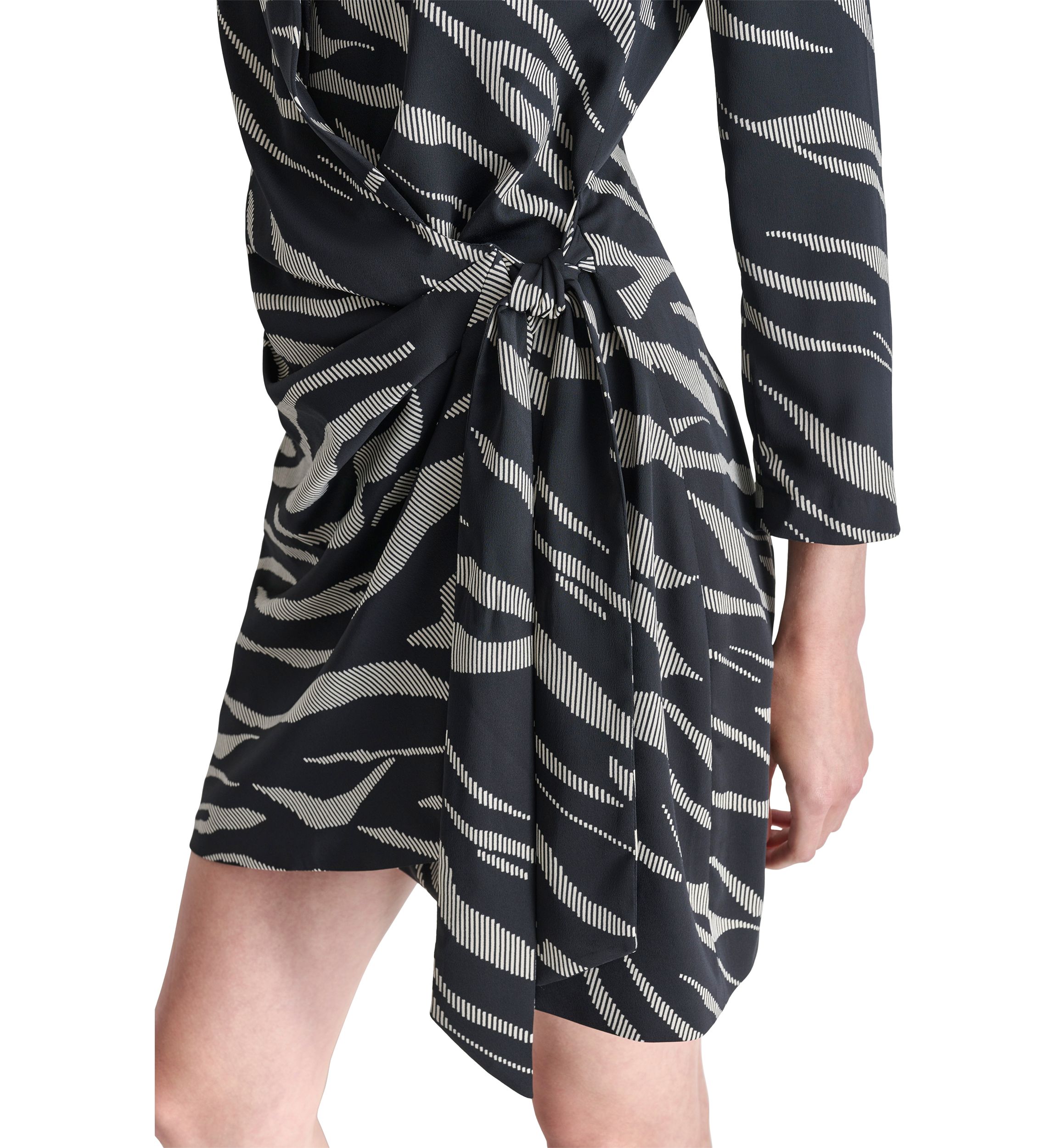 Womens Long Sleeve Collar Animal Print Side Wrap A-Line Dress