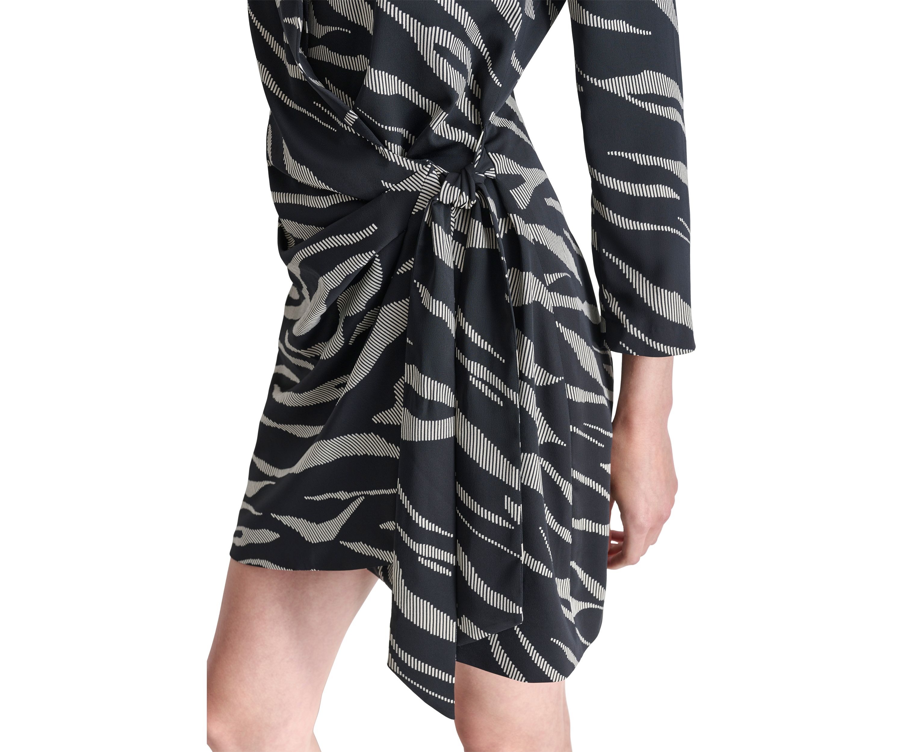 Womens Long Sleeve Collar Animal Print Side Wrap A-Line Dress
