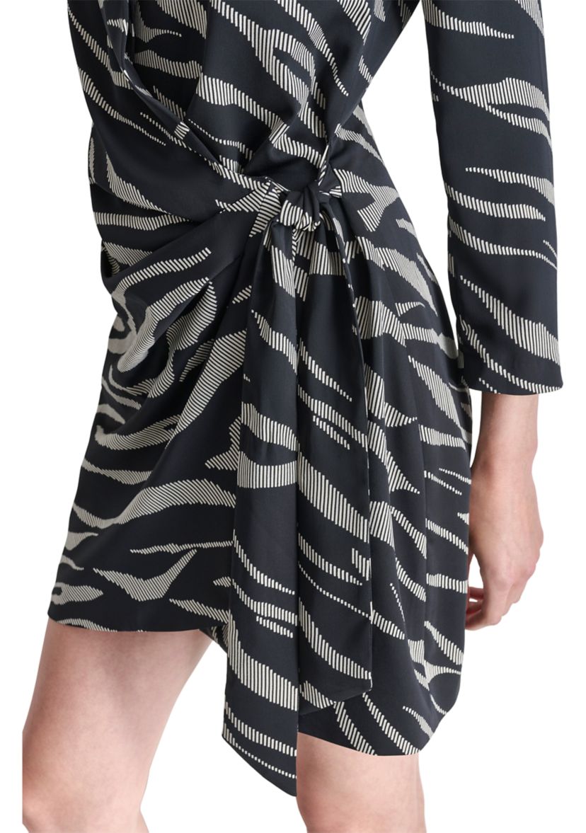 Womens Long Sleeve Collar Animal Print Side Wrap A-Line Dress