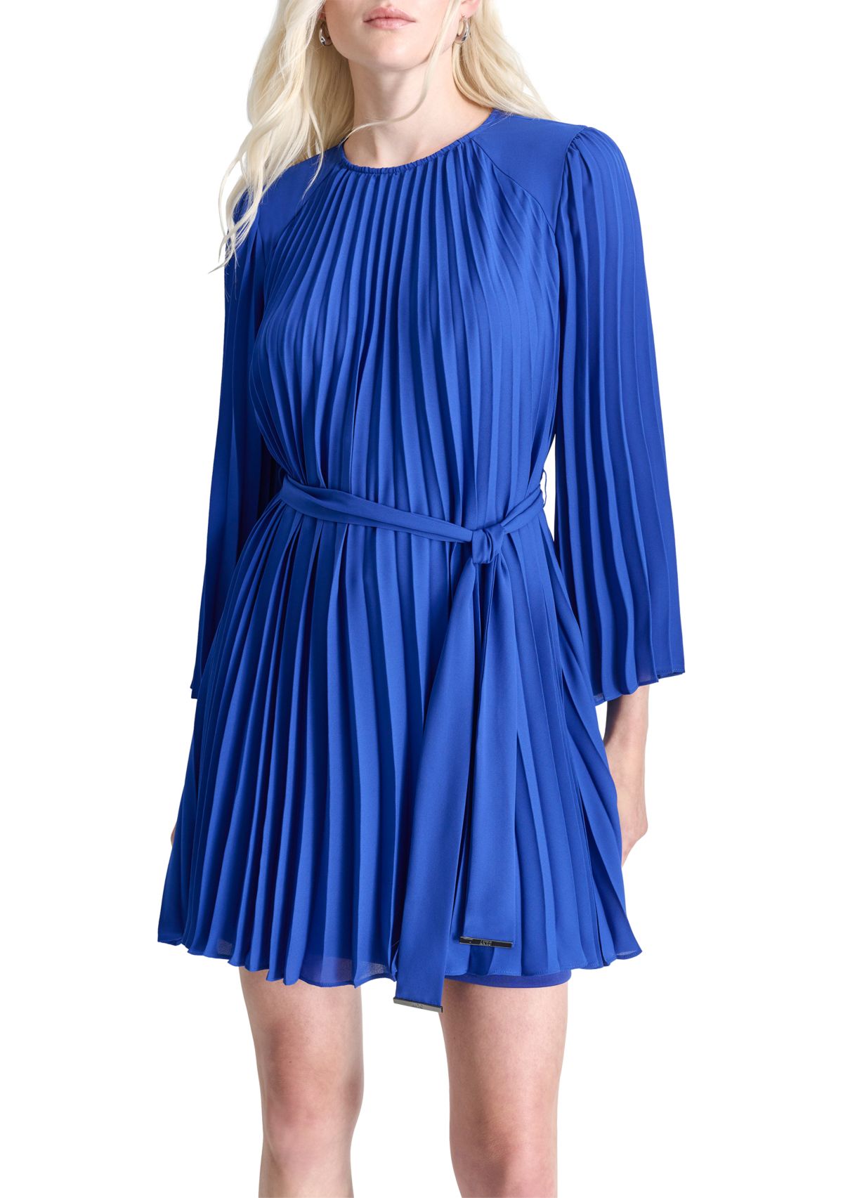 Womens Long Sleeve Crew Neck Solid Belted Pleated Fit and Flare Dress