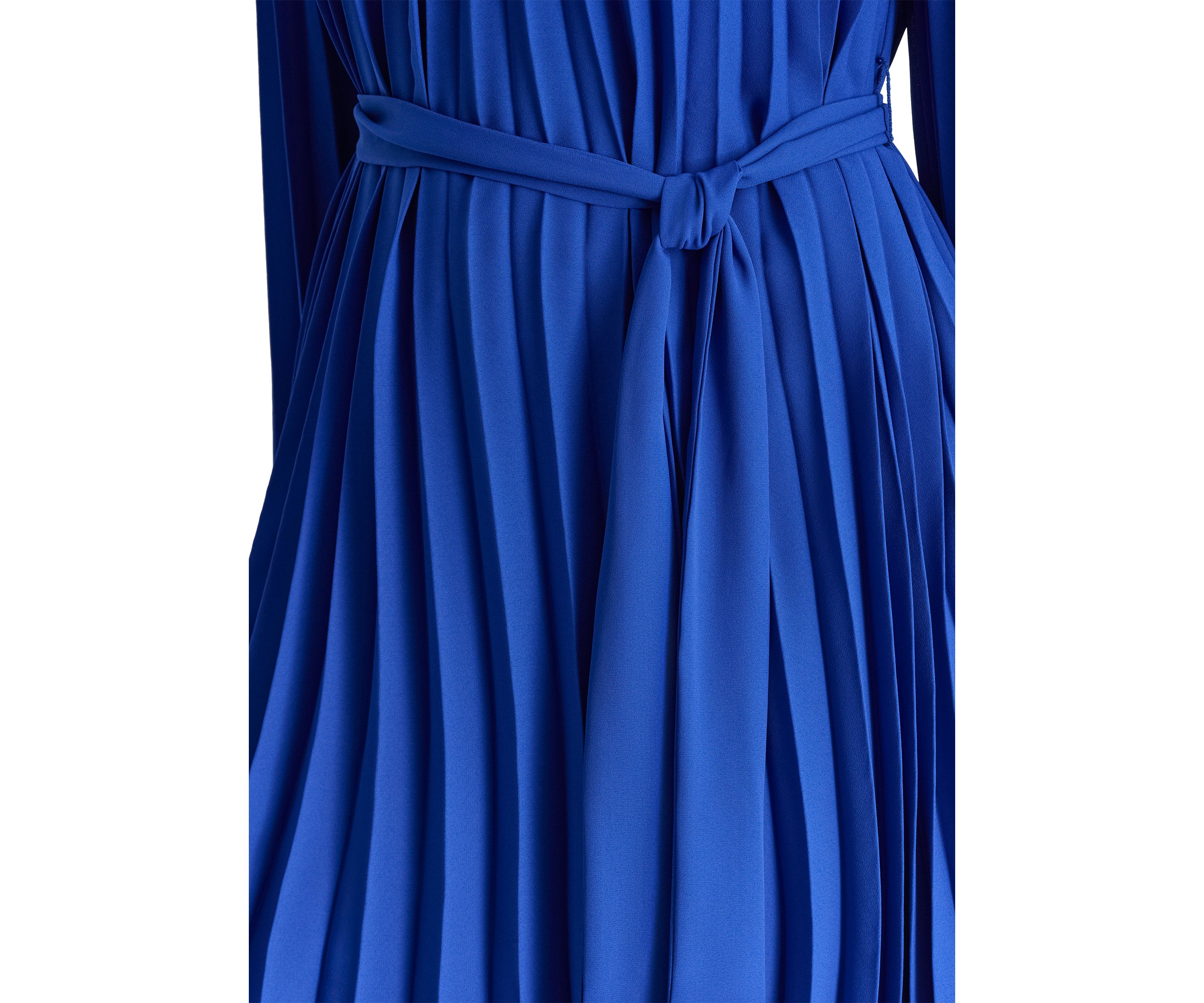 Womens Long Sleeve Crew Neck Solid Belted Pleated Fit and Flare Dress