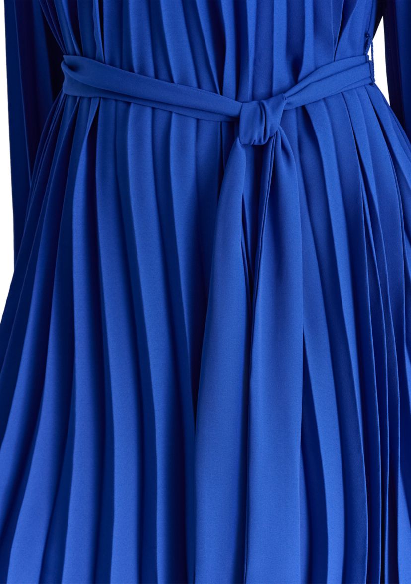 Womens Long Sleeve Crew Neck Solid Belted Pleated Fit and Flare Dress