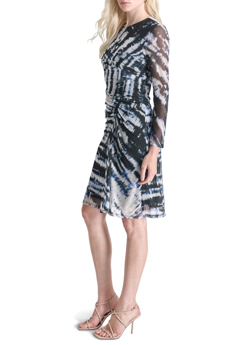Womens Long Sleeve Crew Neck Tie Dye Print Side Ruch Sheath Dress