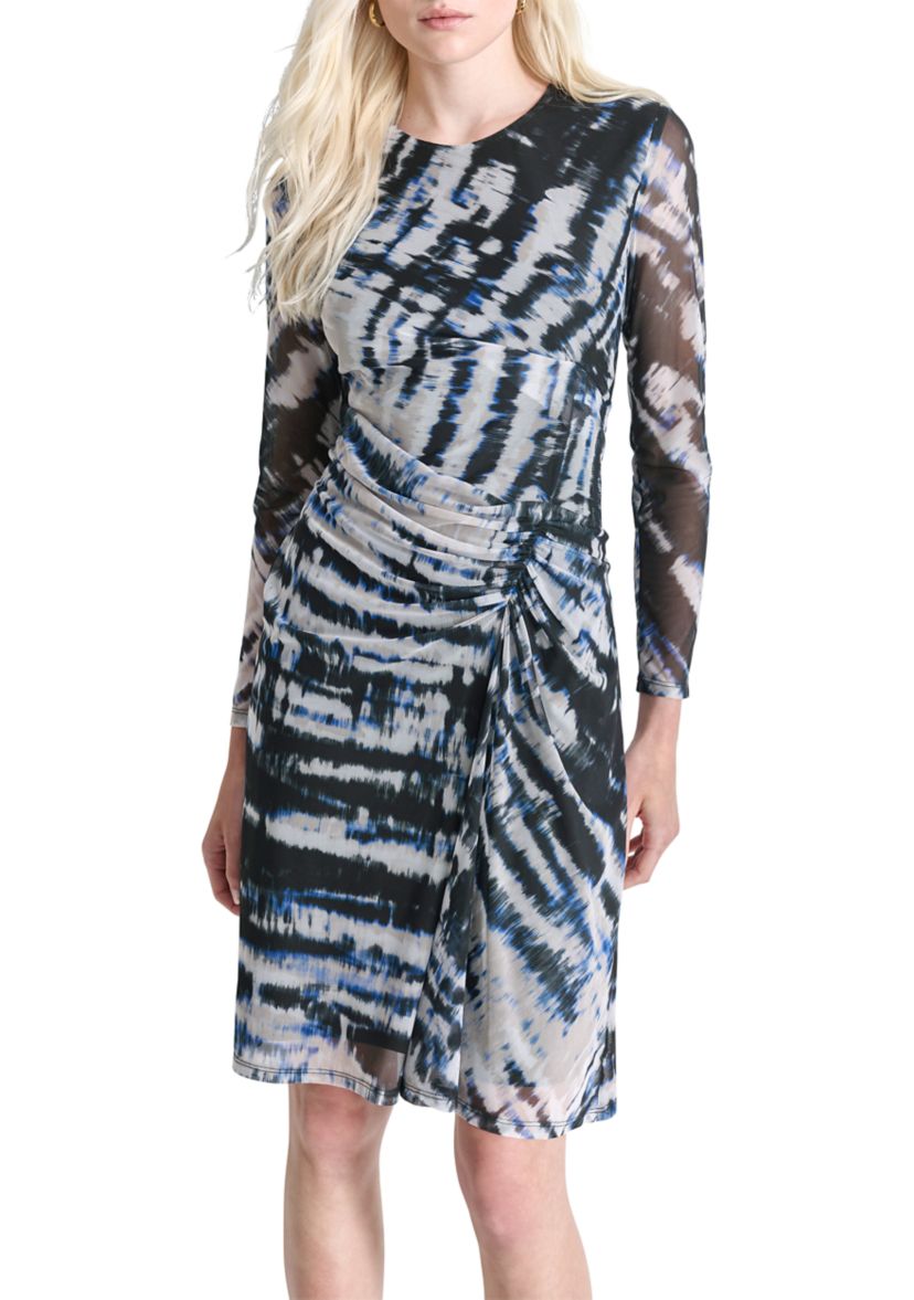Womens Long Sleeve Crew Neck Tie Dye Print Side Ruch Sheath Dress