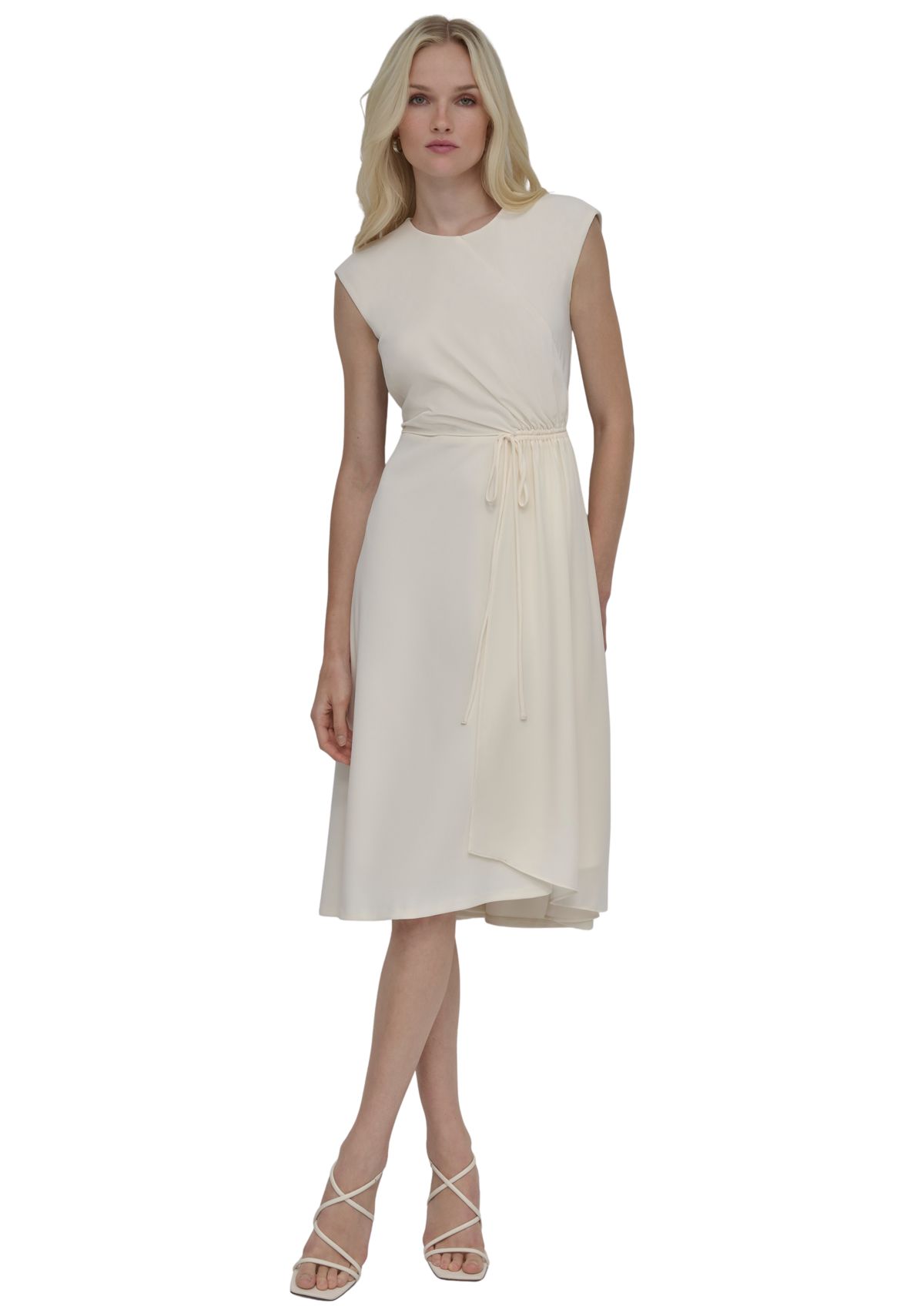 Womens Short Cap Sleeve Side Scrunch Solid A-Line Dress 