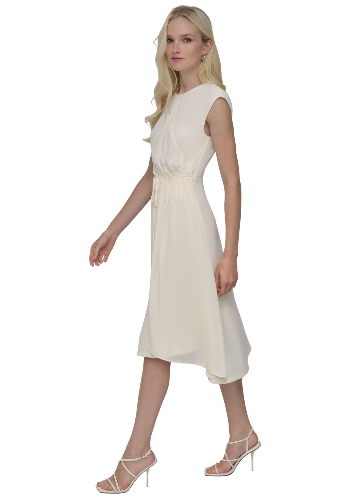Womens Short Cap Sleeve Side Scrunch Solid A-Line Dress 