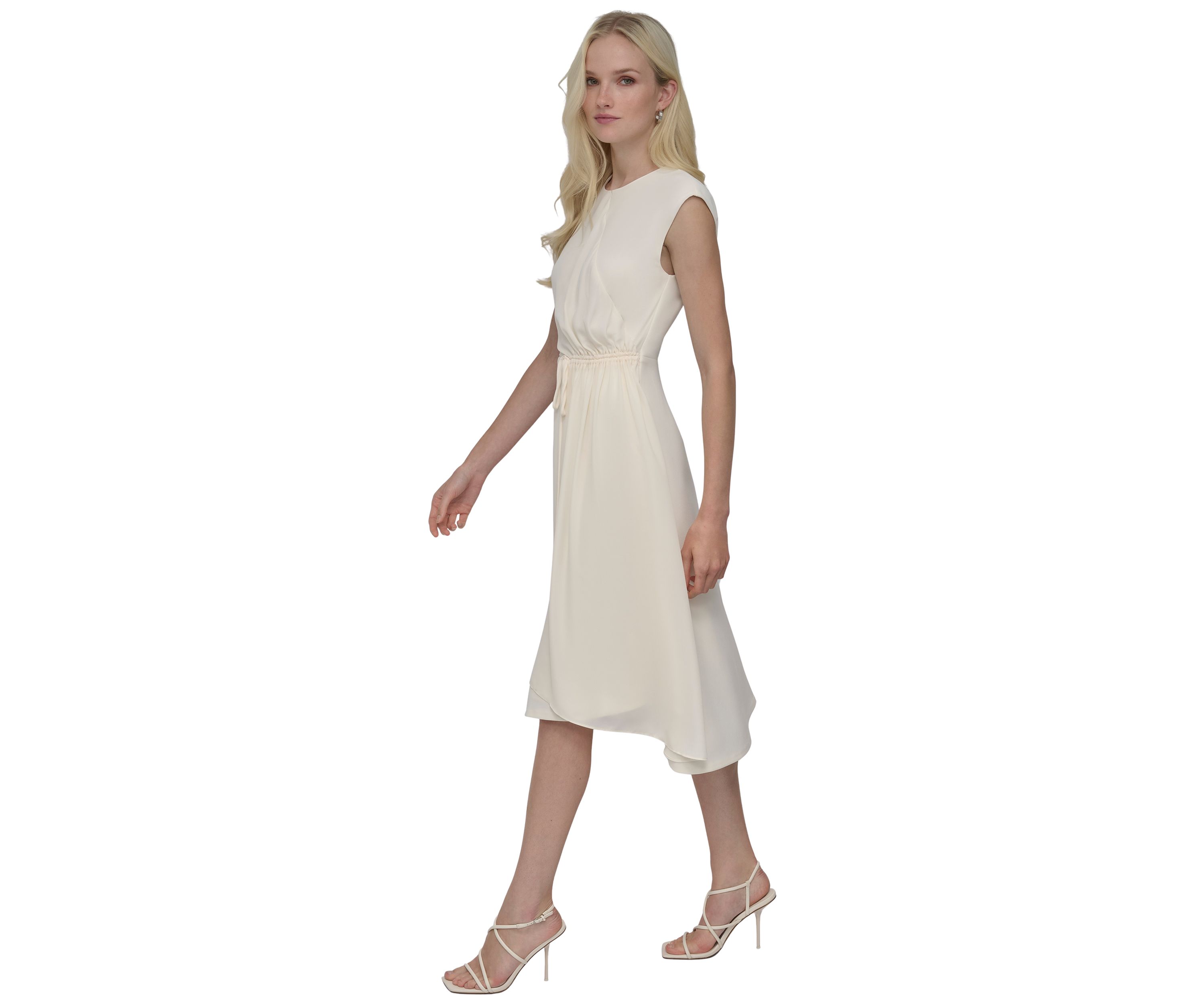 Womens Short Cap Sleeve Side Scrunch Solid A-Line Dress 