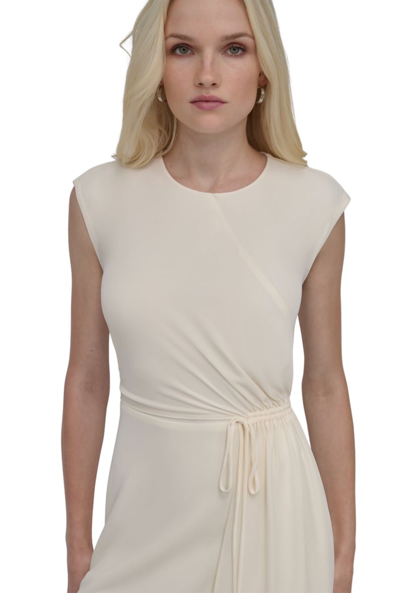 Womens Short Cap Sleeve Side Scrunch Solid A-Line Dress 