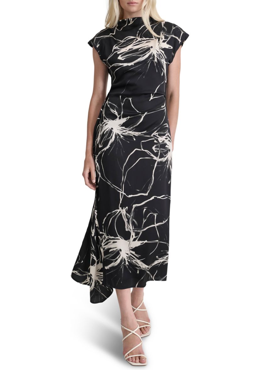 Womens Short Sleeve Mock Neck Marble Print Sheath Dress
