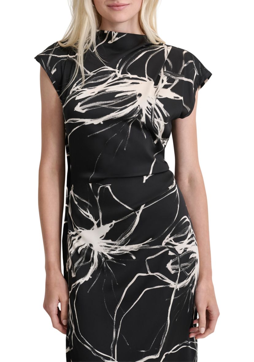 Womens Short Sleeve Mock Neck Marble Print Sheath Dress