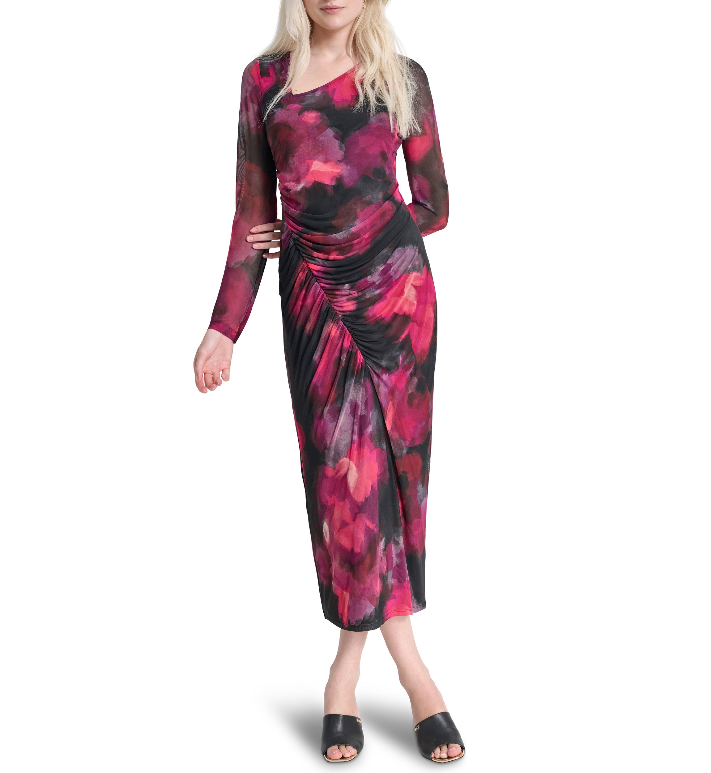 Womens Long Sleeve Wide Neck Floral Side Ruched Sheath Dress