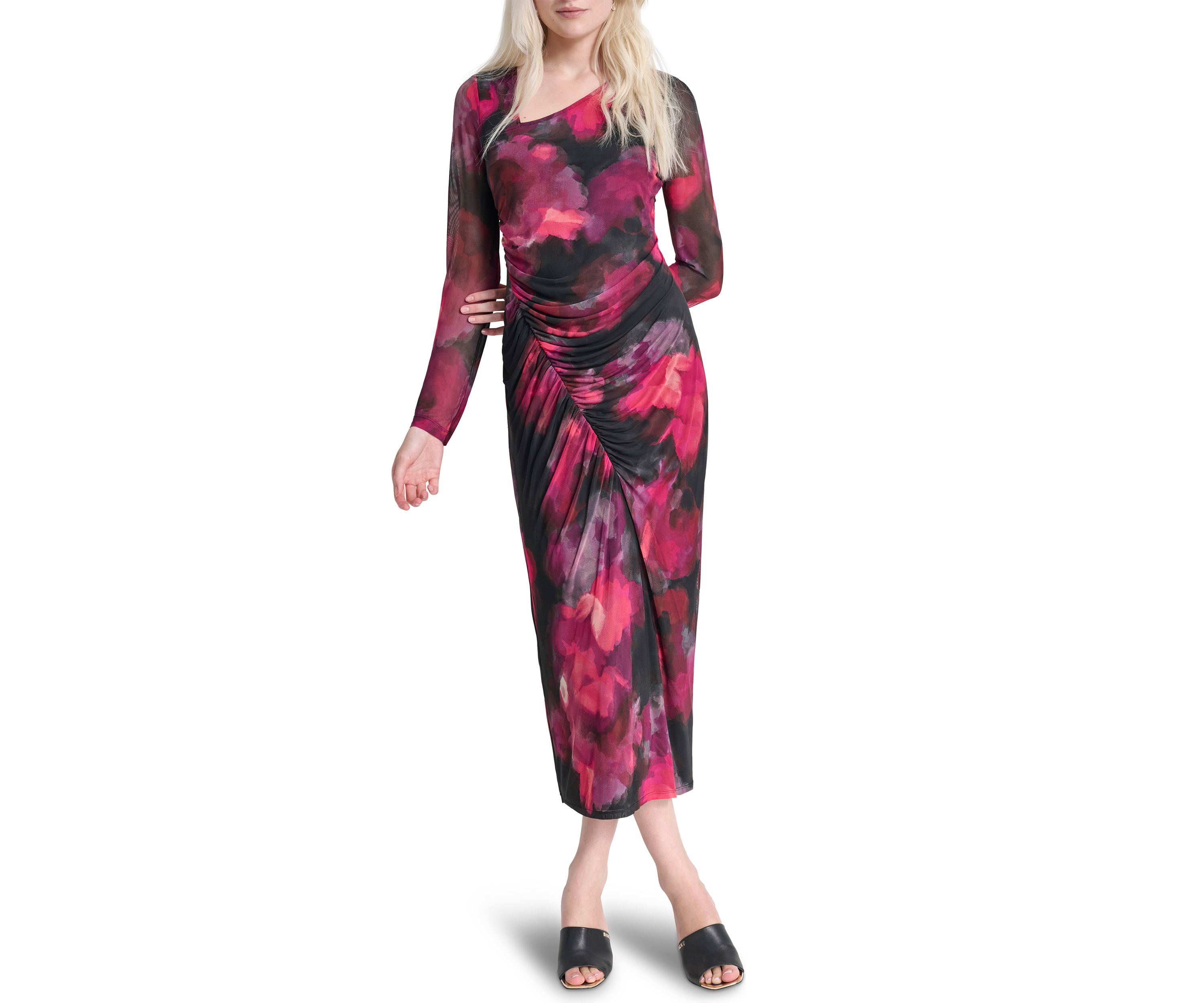 Womens Long Sleeve Wide Neck Floral Side Ruched Sheath Dress