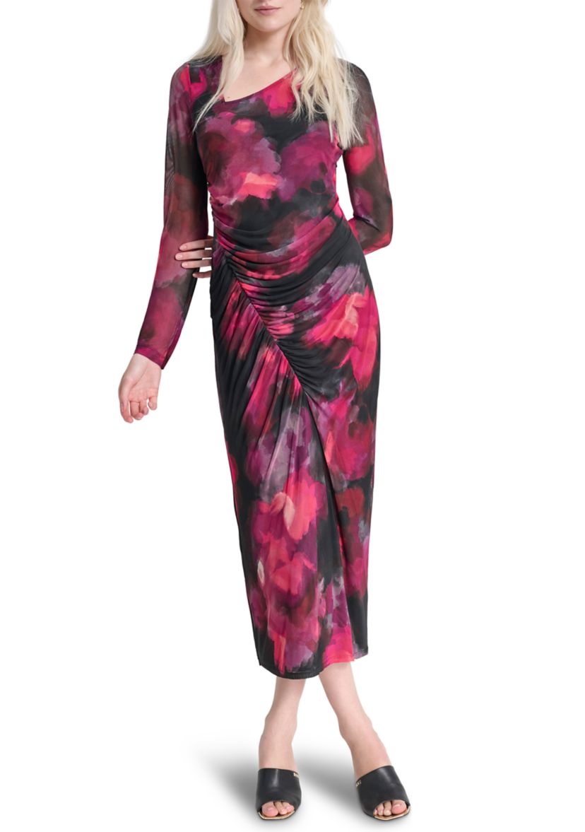Womens Long Sleeve Wide Neck Floral Side Ruched Sheath Dress