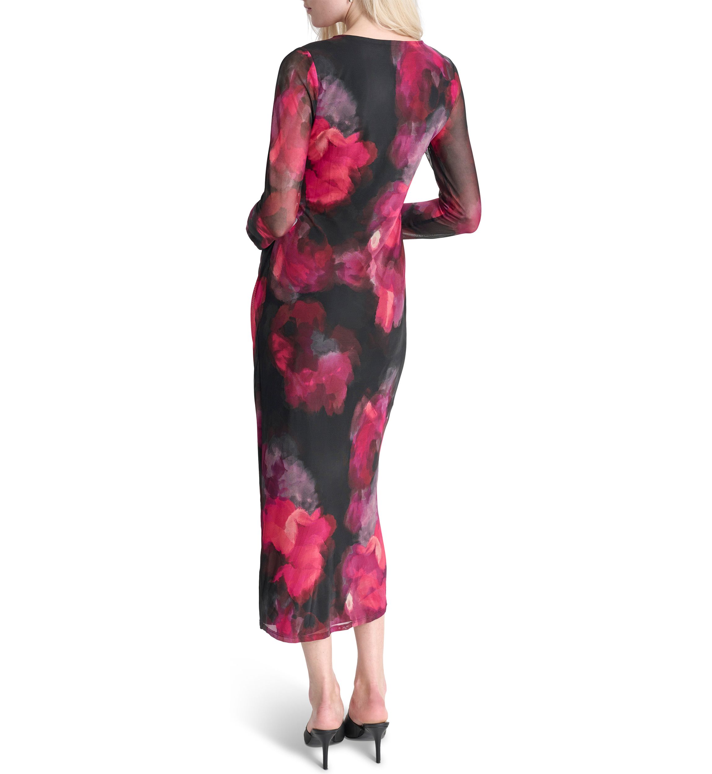 Womens Long Sleeve Wide Neck Floral Side Ruched Sheath Dress