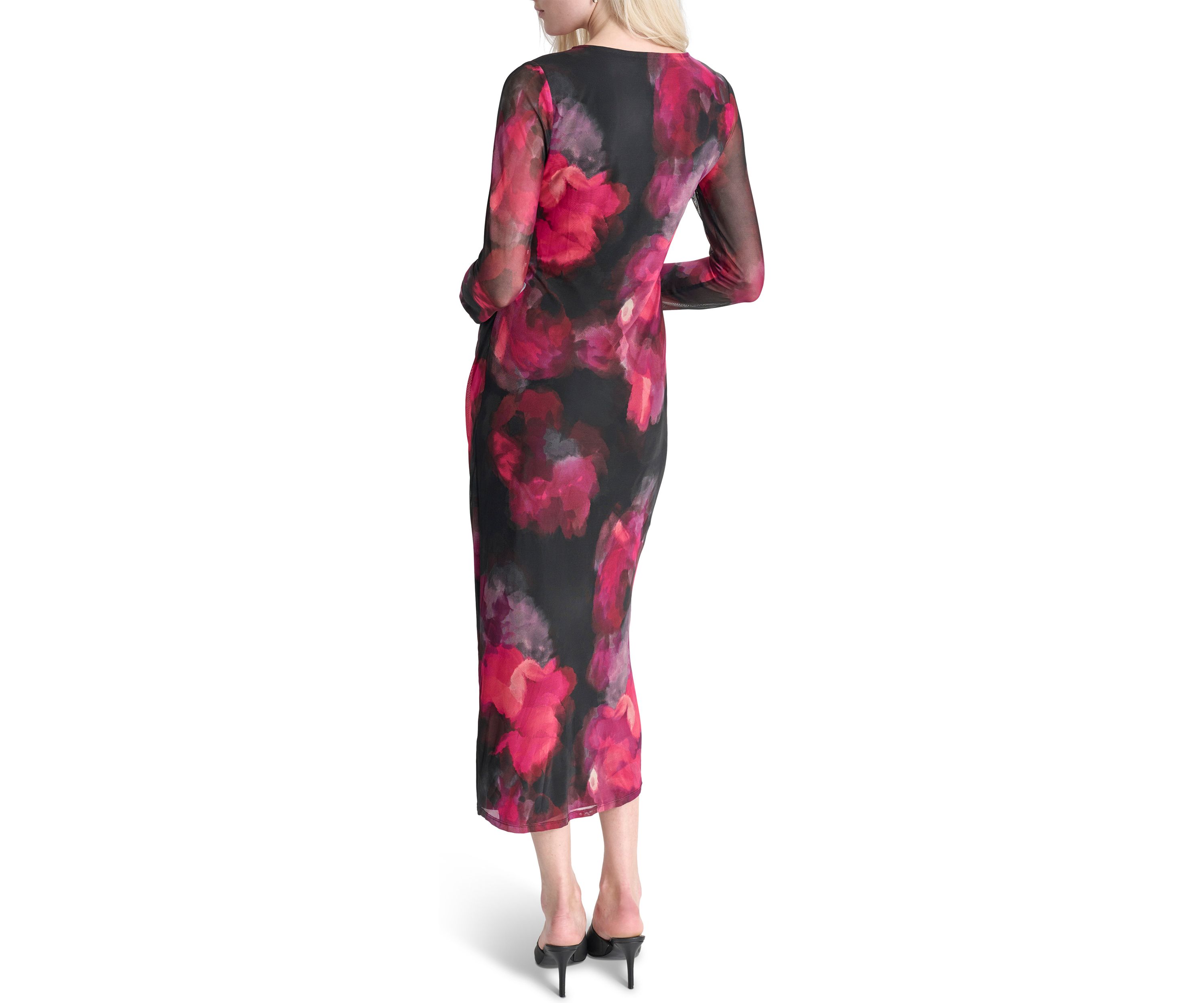 Womens Long Sleeve Wide Neck Floral Side Ruched Sheath Dress