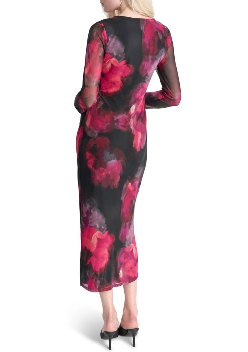 Womens Long Sleeve Wide Neck Floral Side Ruched Sheath Dress