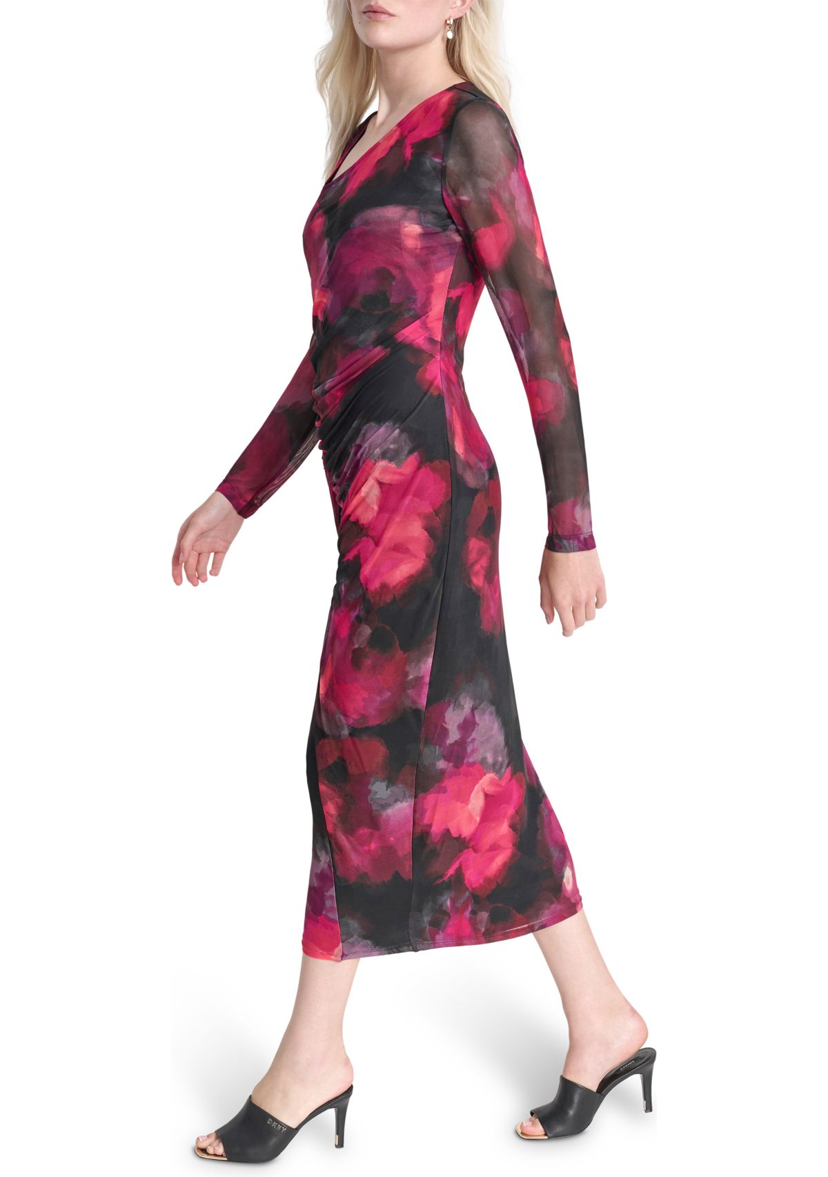 Womens Long Sleeve Wide Neck Floral Side Ruched Sheath Dress