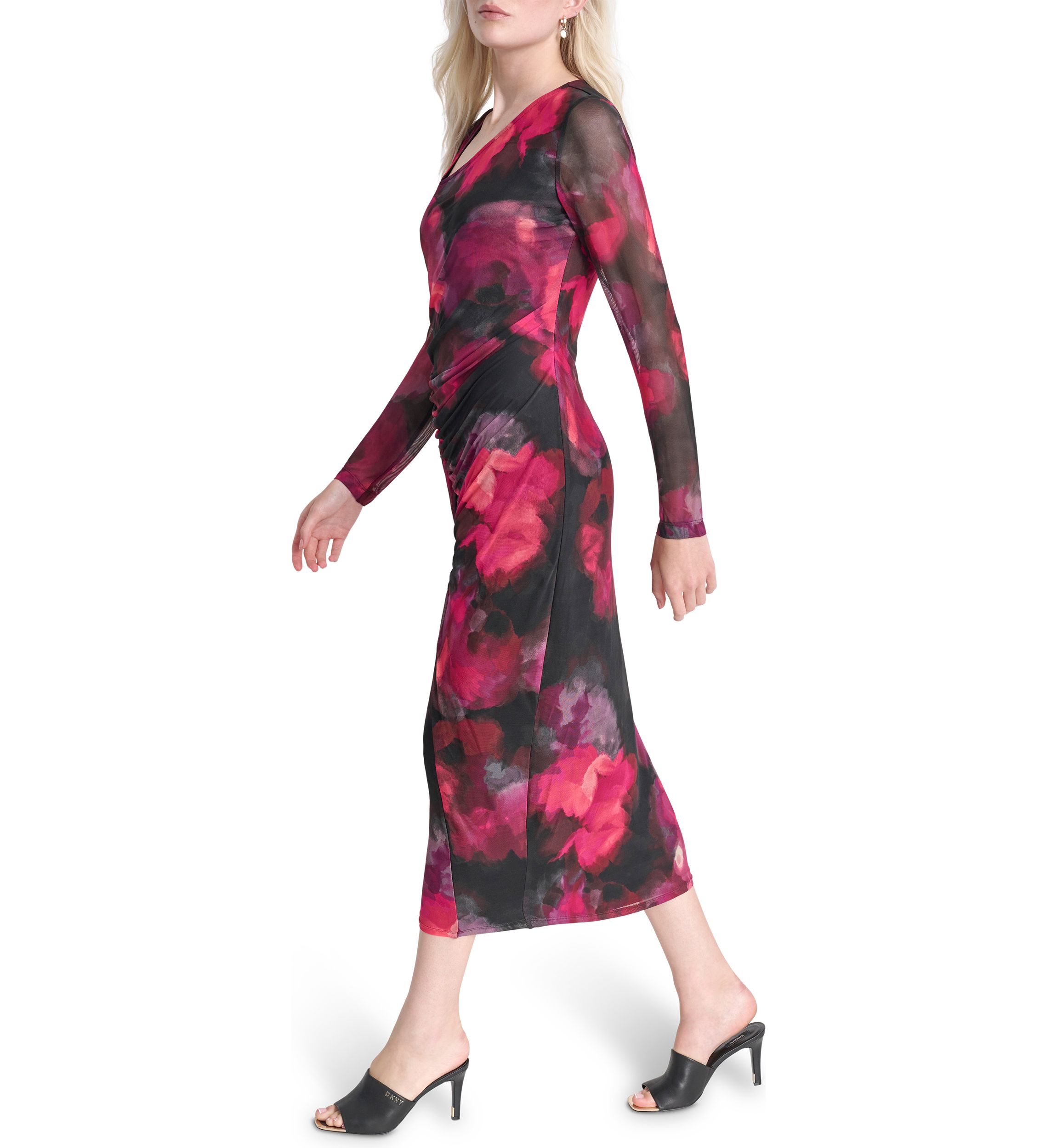 Womens Long Sleeve Wide Neck Floral Side Ruched Sheath Dress
