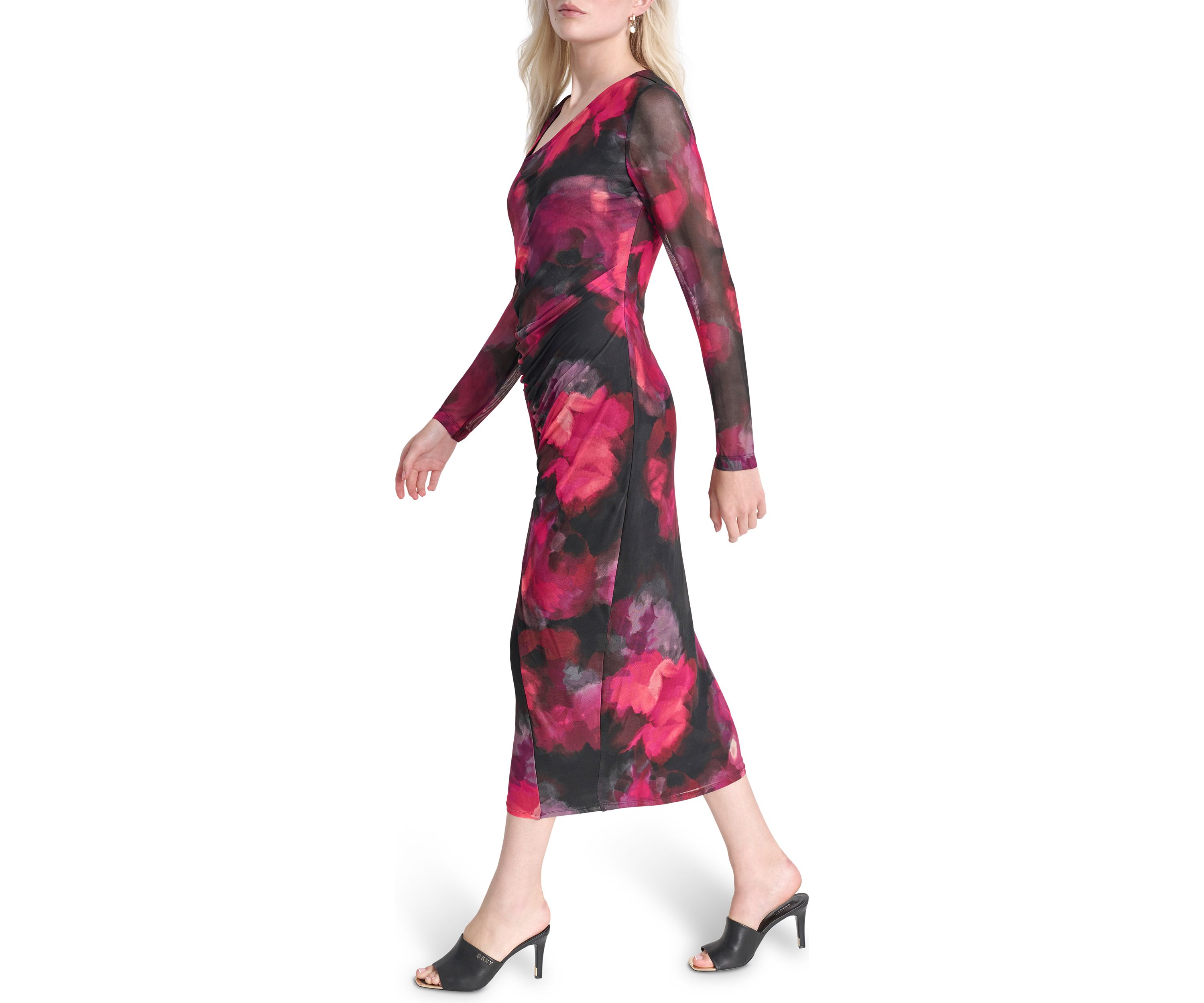 Womens Long Sleeve Wide Neck Floral Side Ruched Sheath Dress