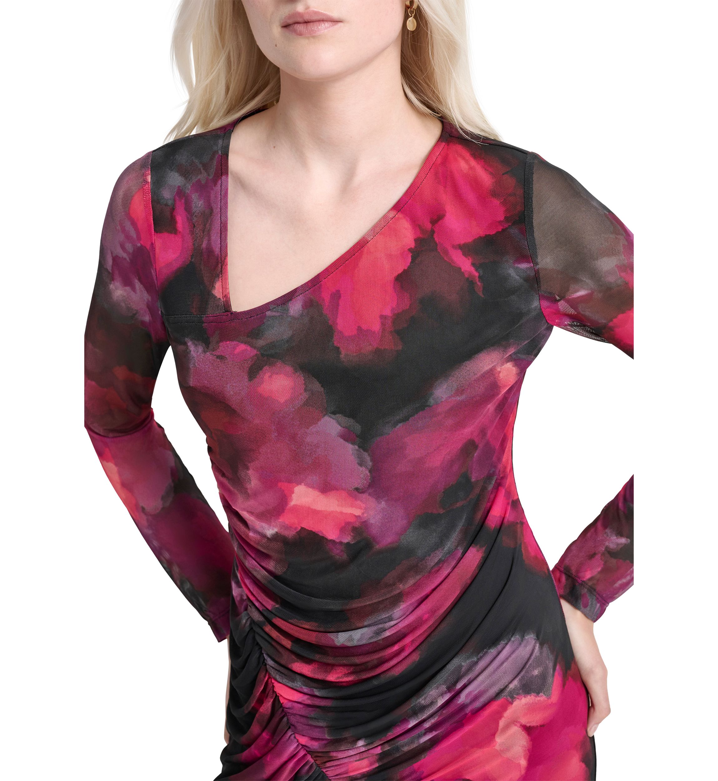 Womens Long Sleeve Wide Neck Floral Side Ruched Sheath Dress
