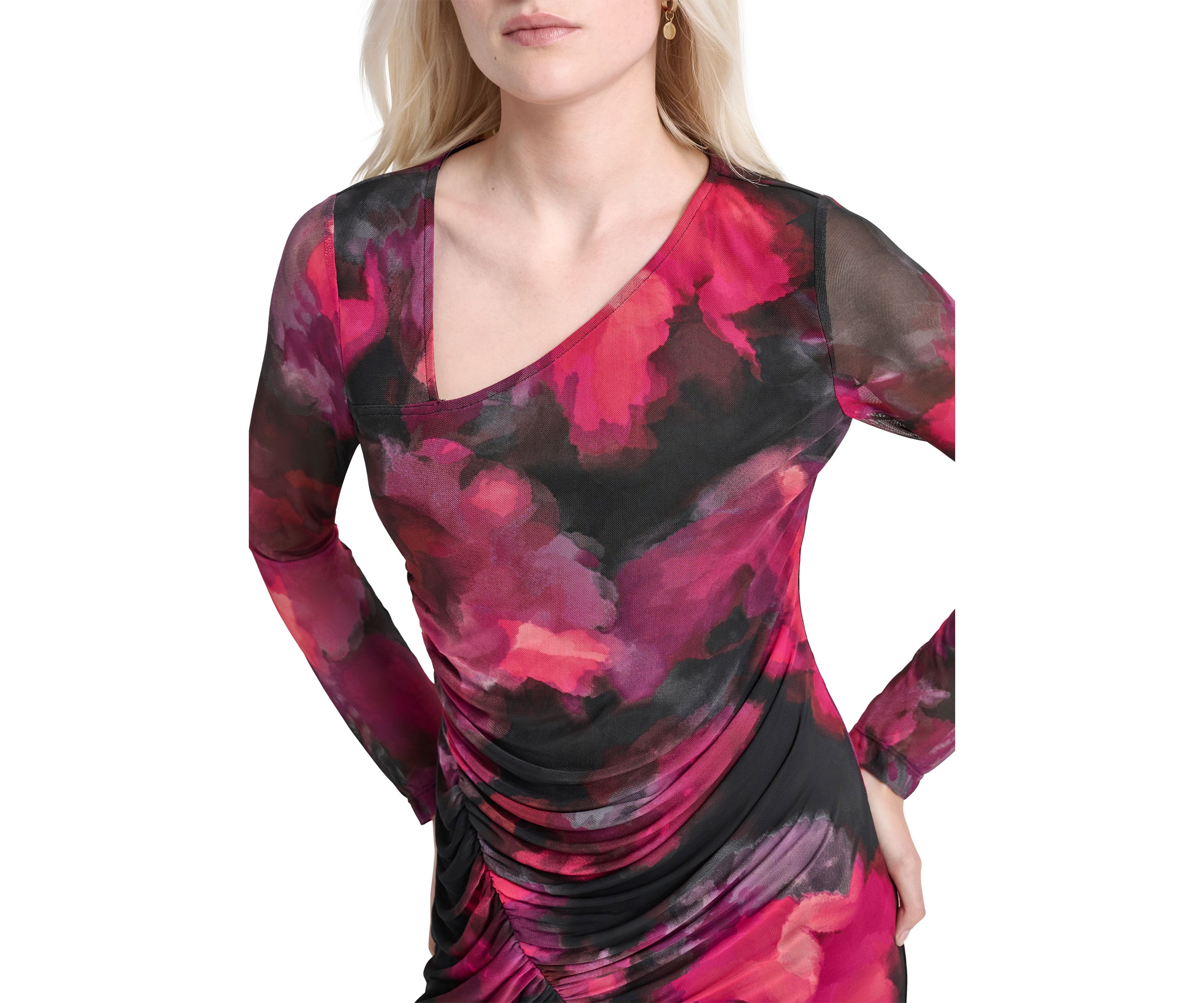 Womens Long Sleeve Wide Neck Floral Side Ruched Sheath Dress