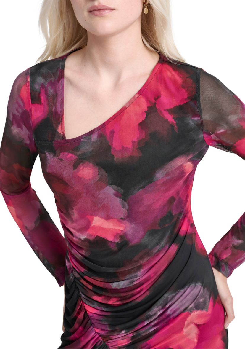 Womens Long Sleeve Wide Neck Floral Side Ruched Sheath Dress