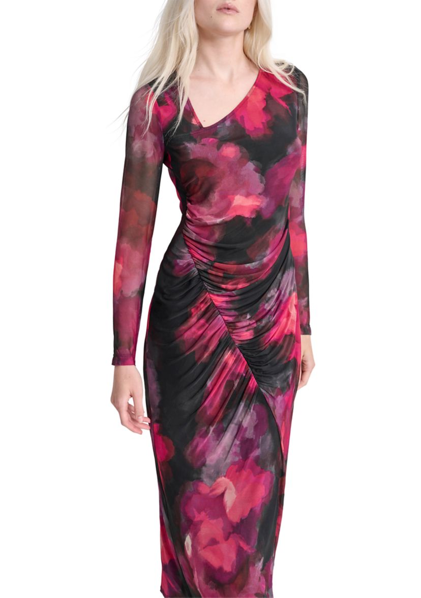 Womens Long Sleeve Wide Neck Floral Side Ruched Sheath Dress