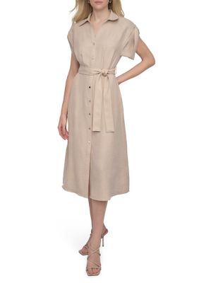 DKNY Women's Short Sleeve Collar Solid Fit and Flare Dress