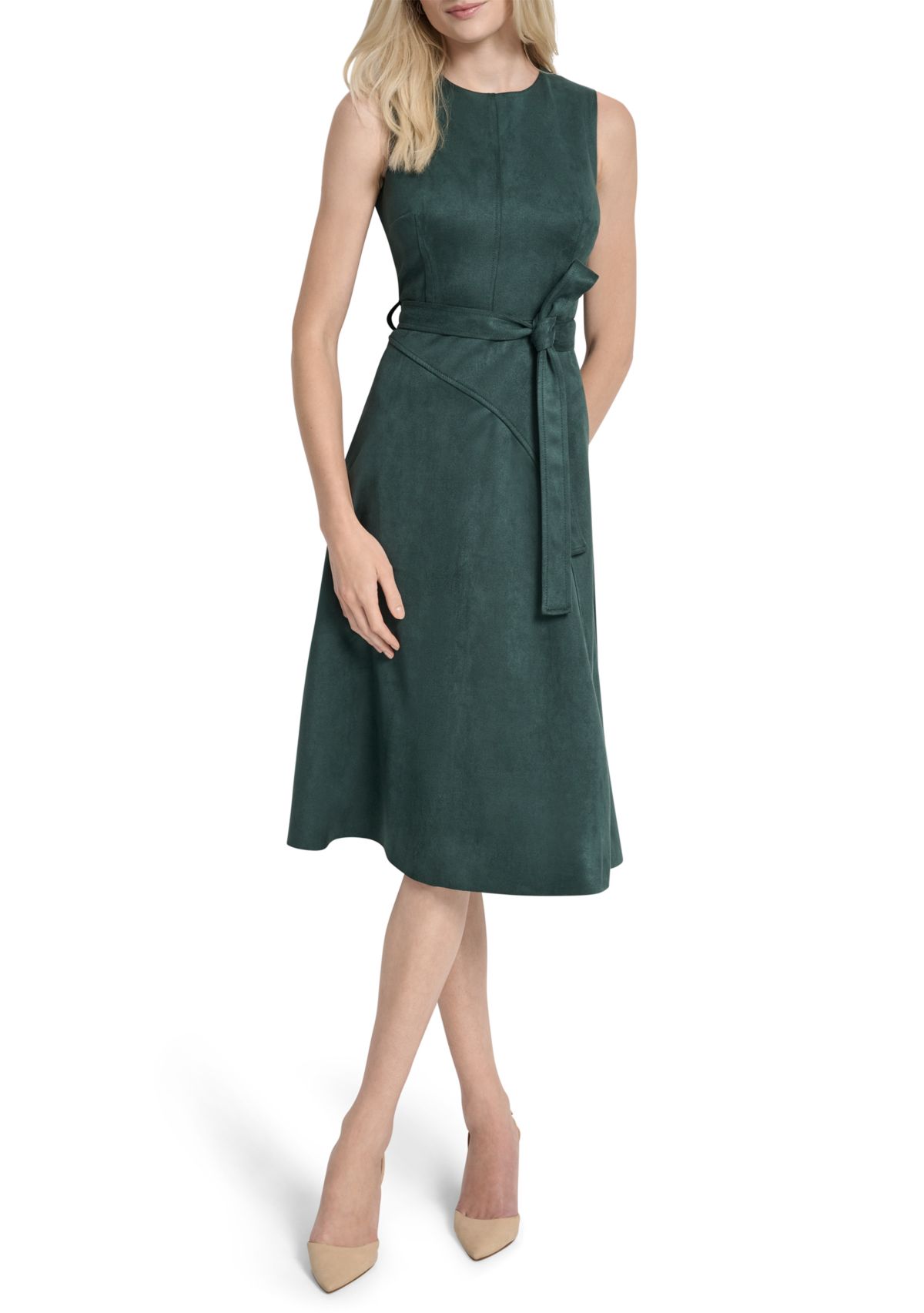 Sleeveless Crew Neck Solid Suede A-Line Dress