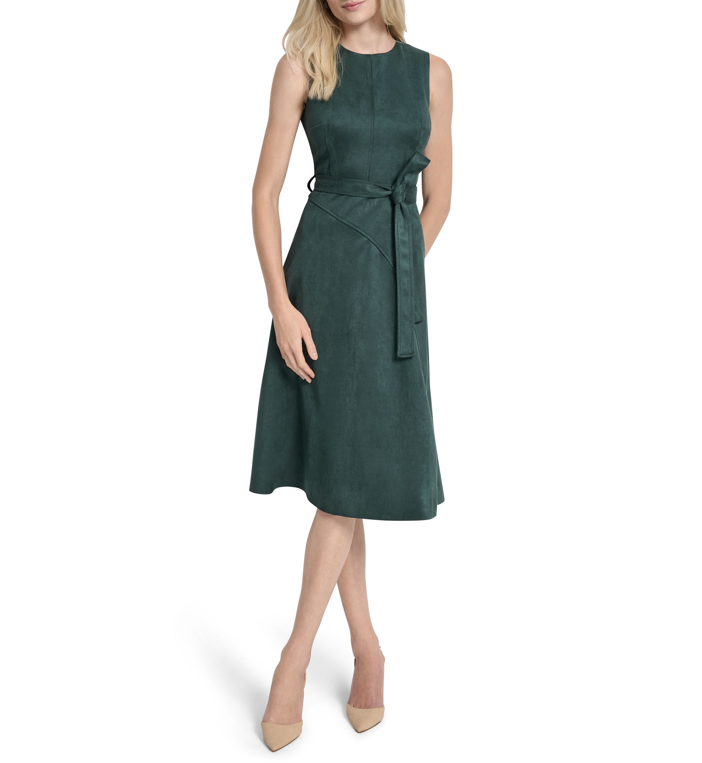 Sleeveless Crew Neck Solid Suede A-Line Dress