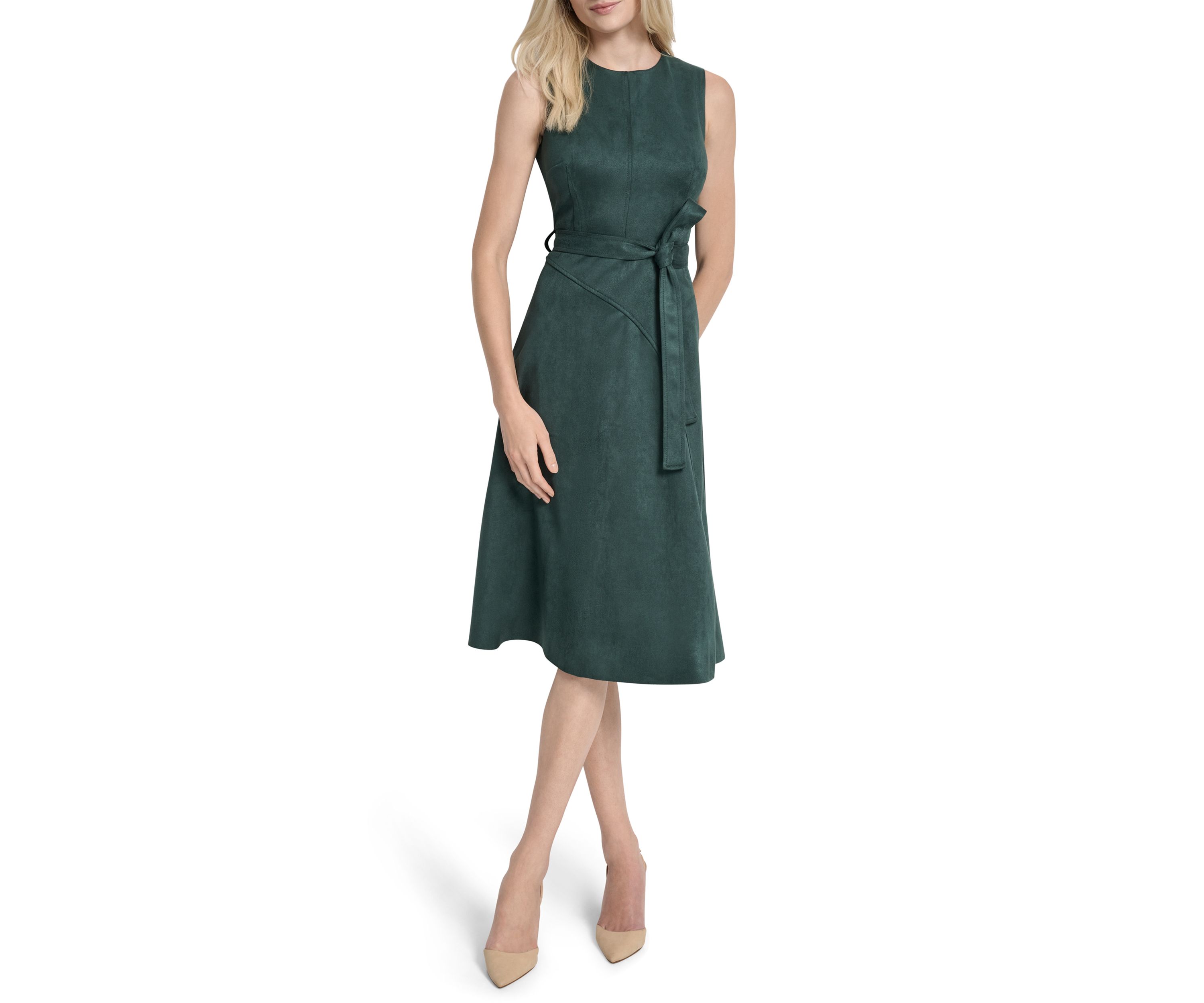 Sleeveless Crew Neck Solid Suede A-Line Dress