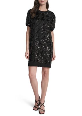 DKNY Women's Short Sleeve Crew Neck Sequin Sheath, 14