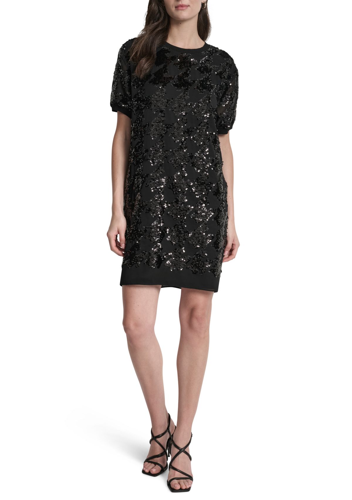 Womens Short Sleeve Crew Neck Sequin Sheath