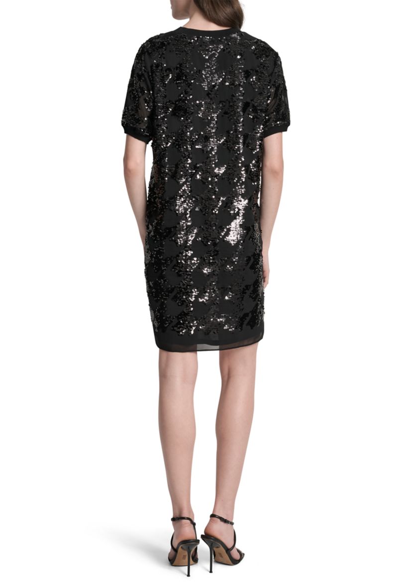 Womens Short Sleeve Crew Neck Sequin Sheath