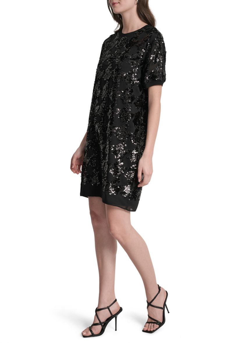 Womens Short Sleeve Crew Neck Sequin Sheath