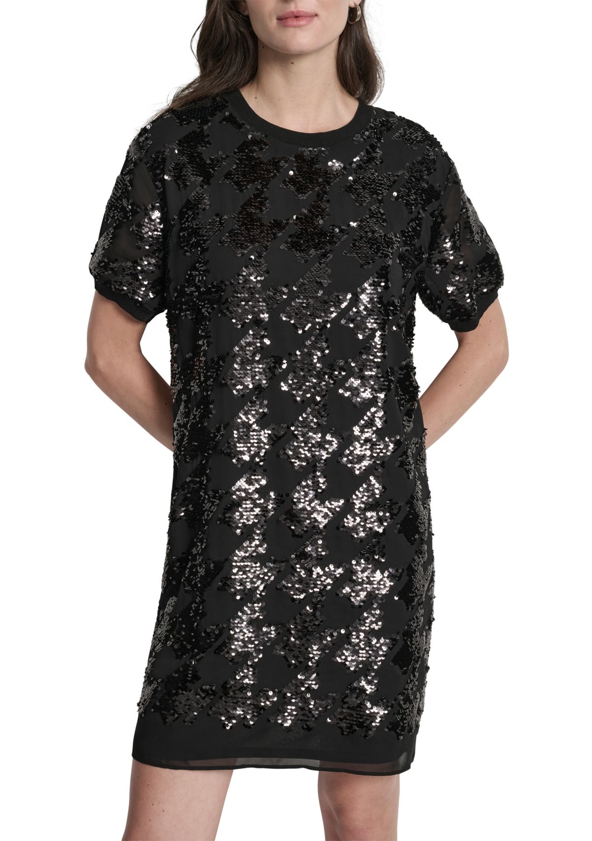 Womens Short Sleeve Crew Neck Sequin Sheath