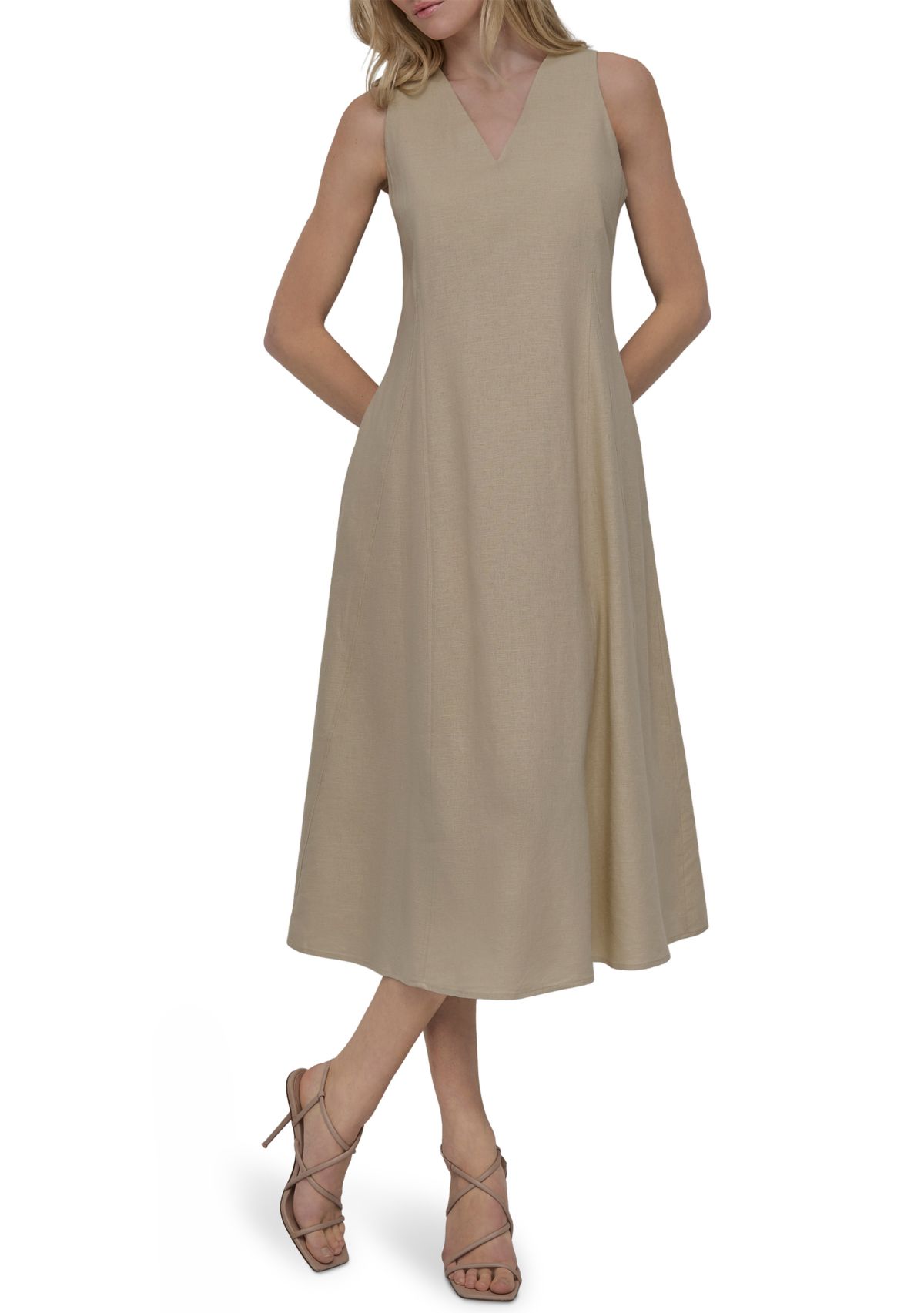 Womens Sleeveless V-Neck Solid A-Line Dress