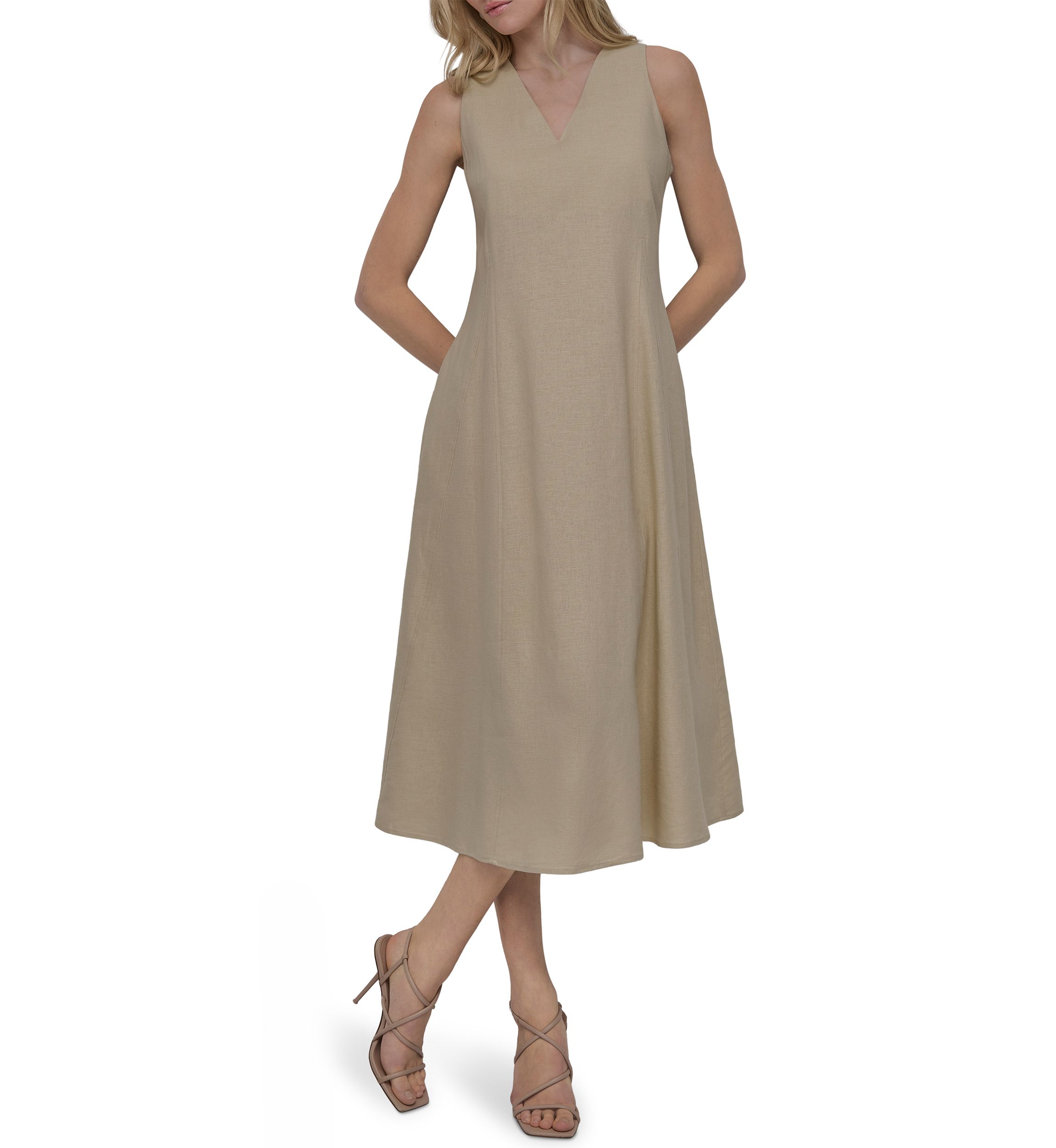 Womens Sleeveless V-Neck Solid A-Line Dress