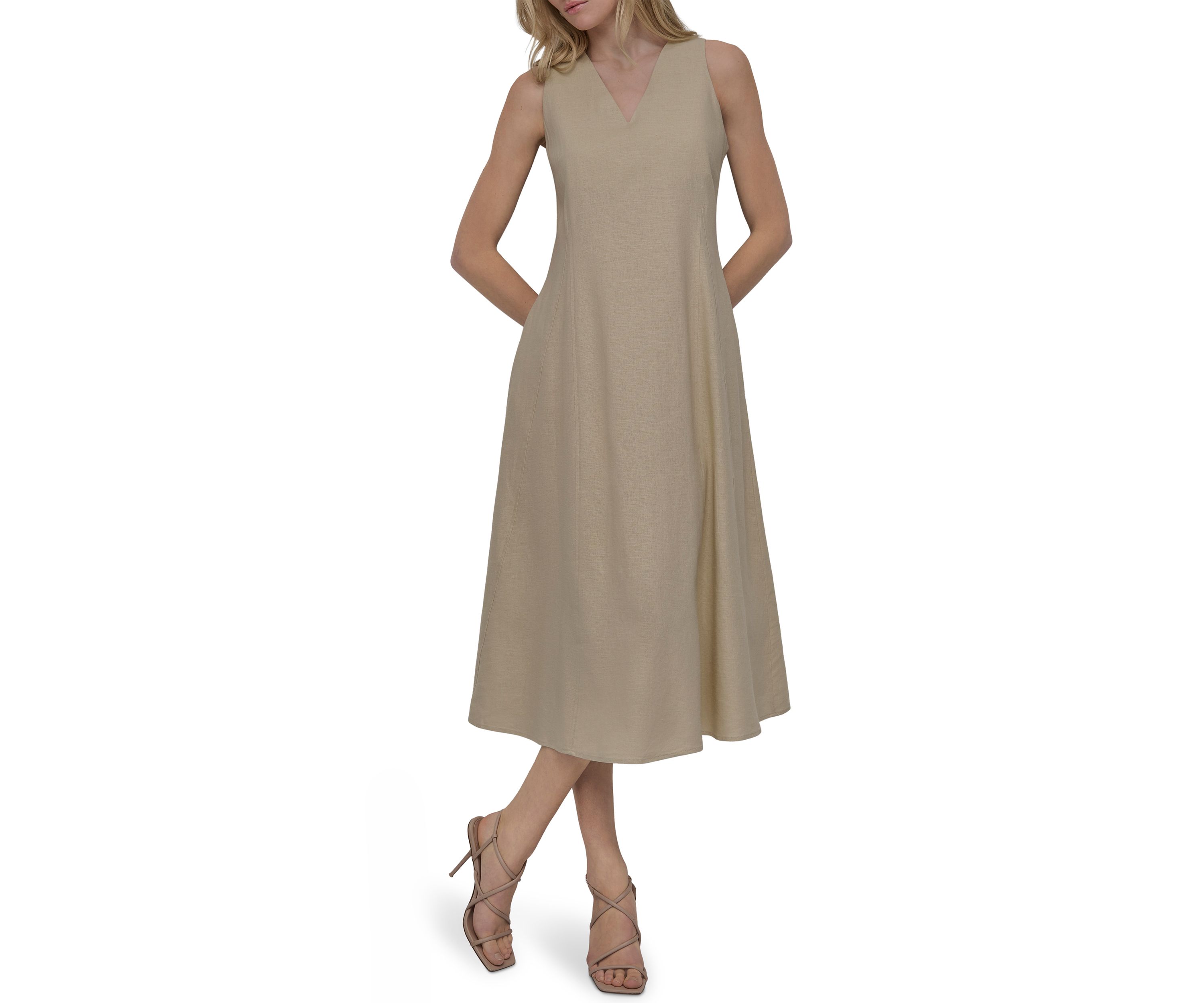 Womens Sleeveless V-Neck Solid A-Line Dress