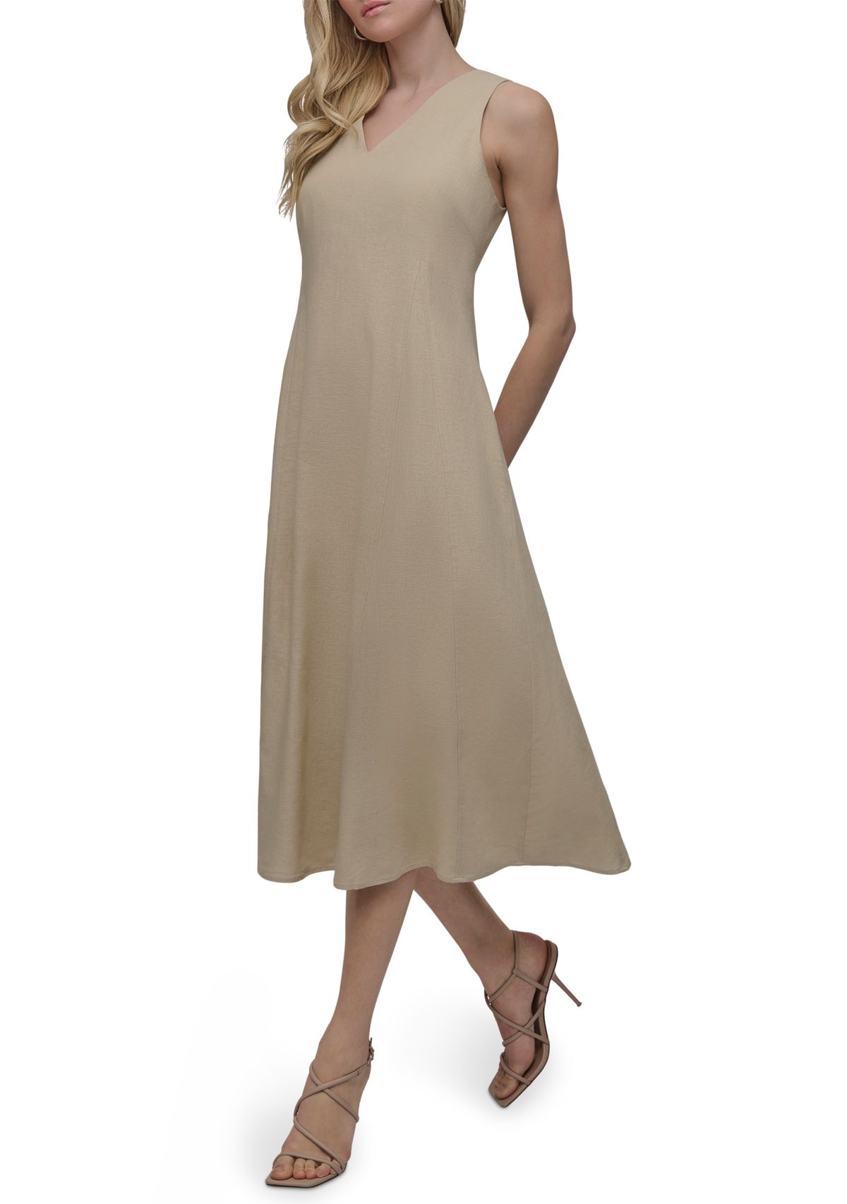 Womens Sleeveless V-Neck Solid A-Line Dress