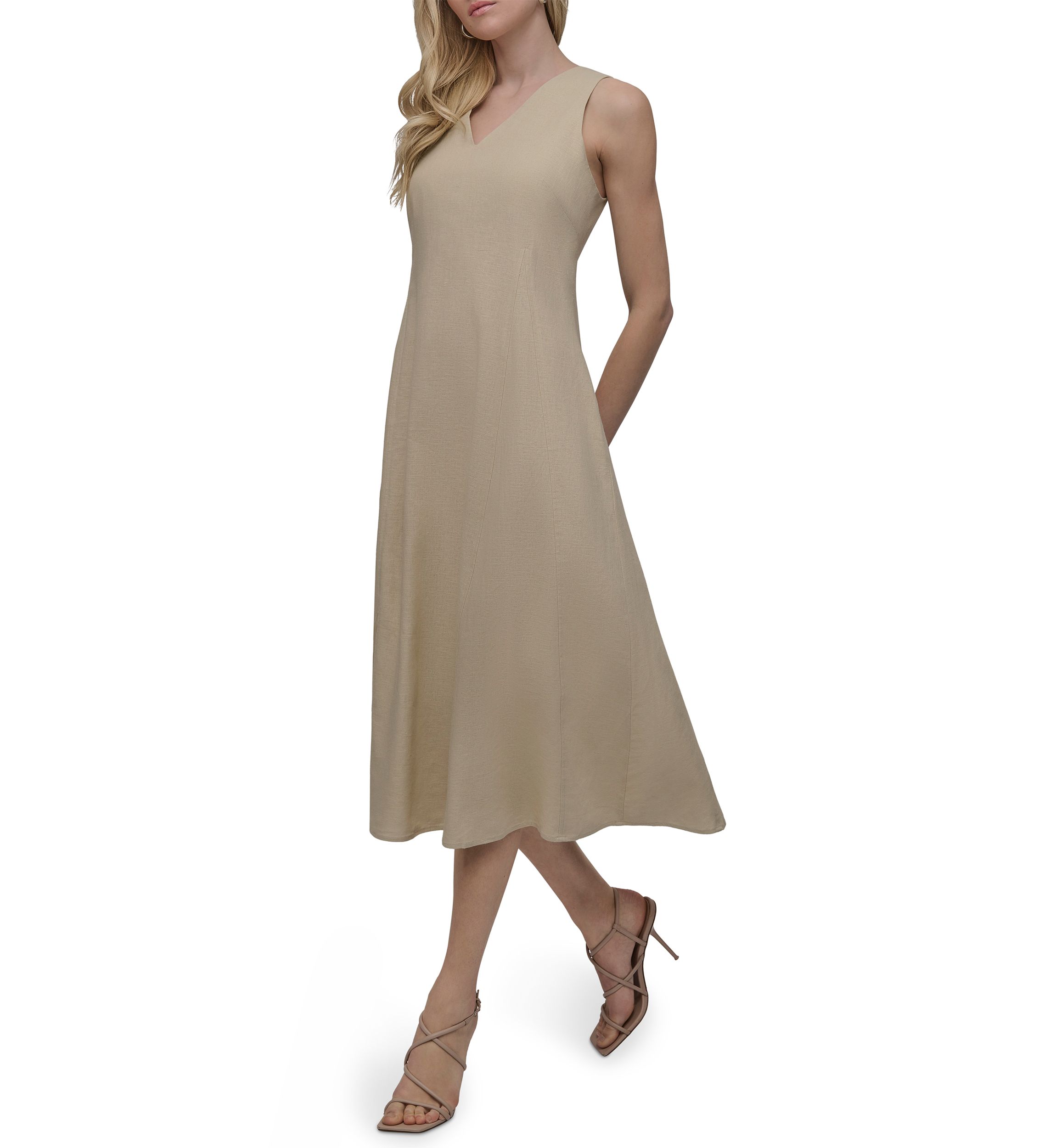 Womens Sleeveless V-Neck Solid A-Line Dress