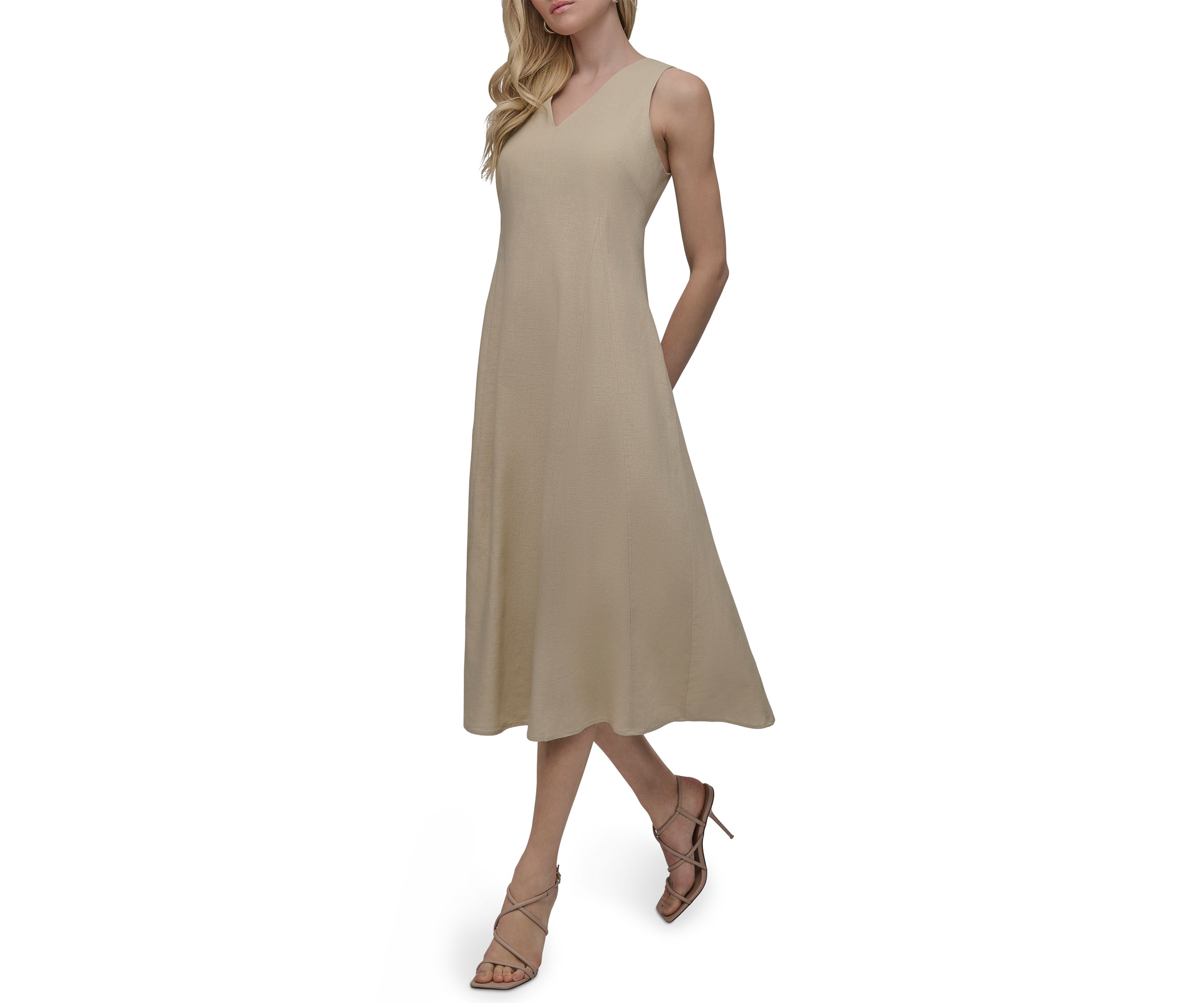 Womens Sleeveless V-Neck Solid A-Line Dress