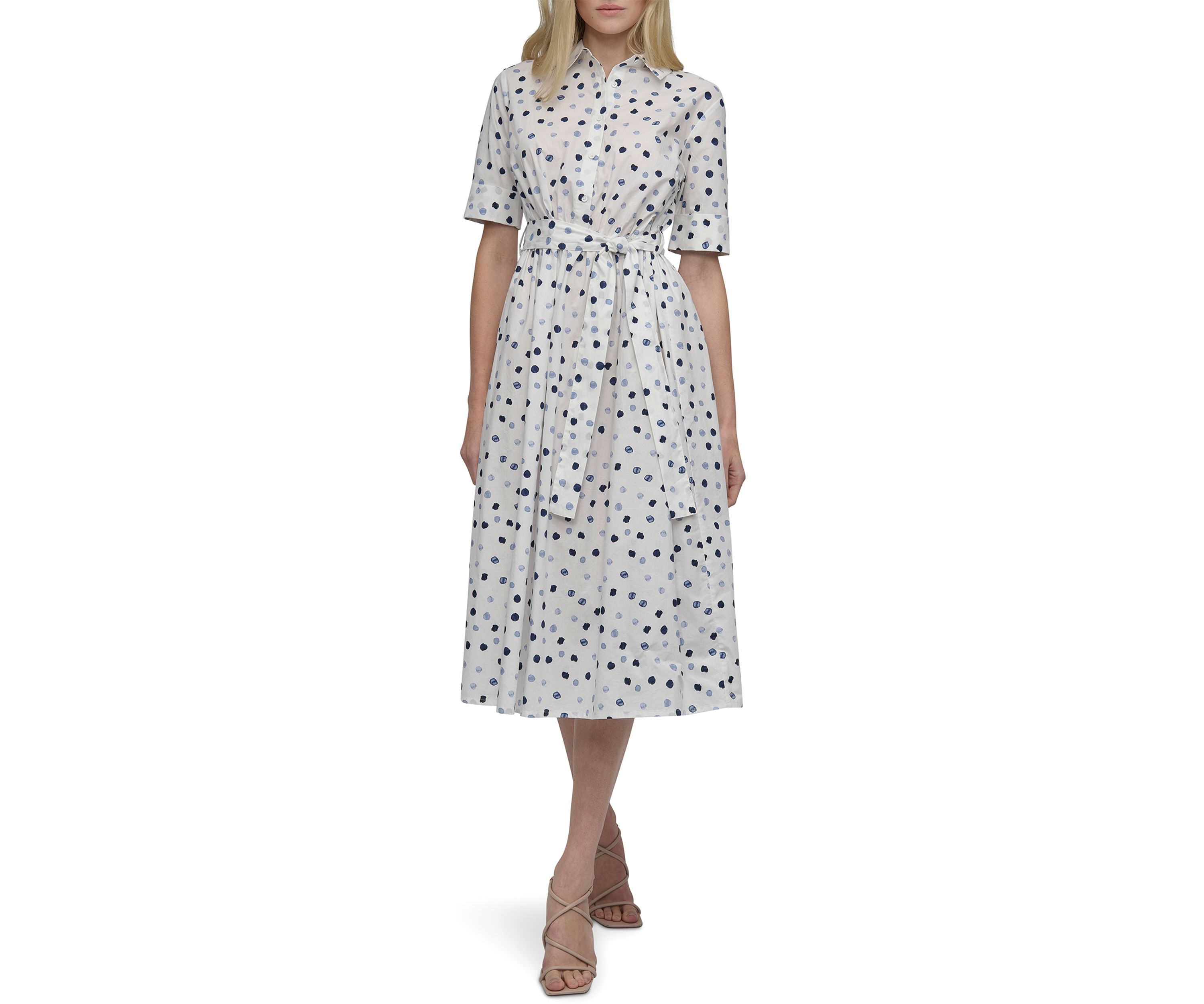 Womens Short Sleeve Collar Neck Dot Print Shirtdress
